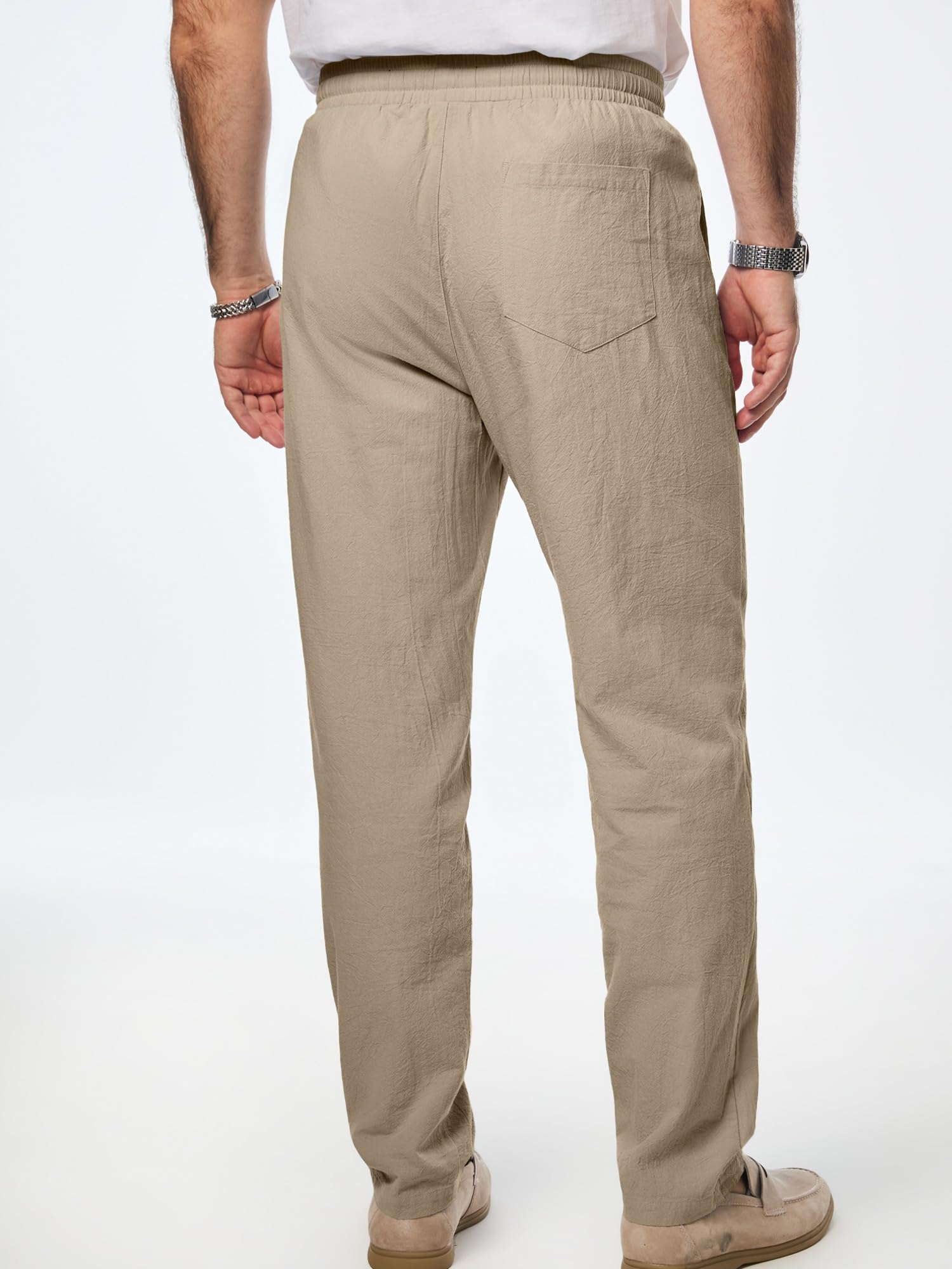 Mens Cotton Casual Trousers Elastic Waist Drawstring Lightweight Summer Beach Pants with Pockets