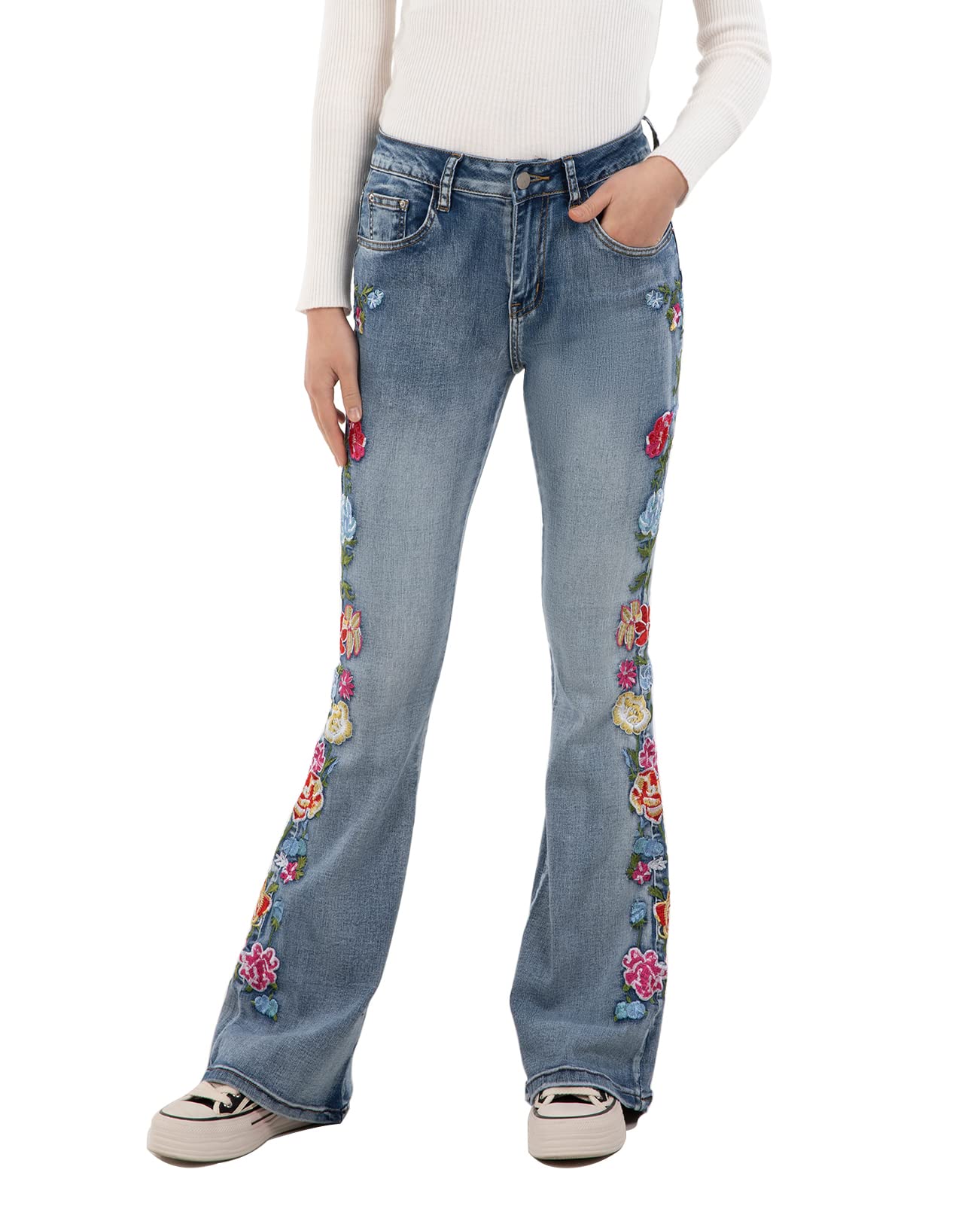 Women's Embroidered Bell Bottom Jeans Stretch Flared Fit Wide Leg Denim Pants