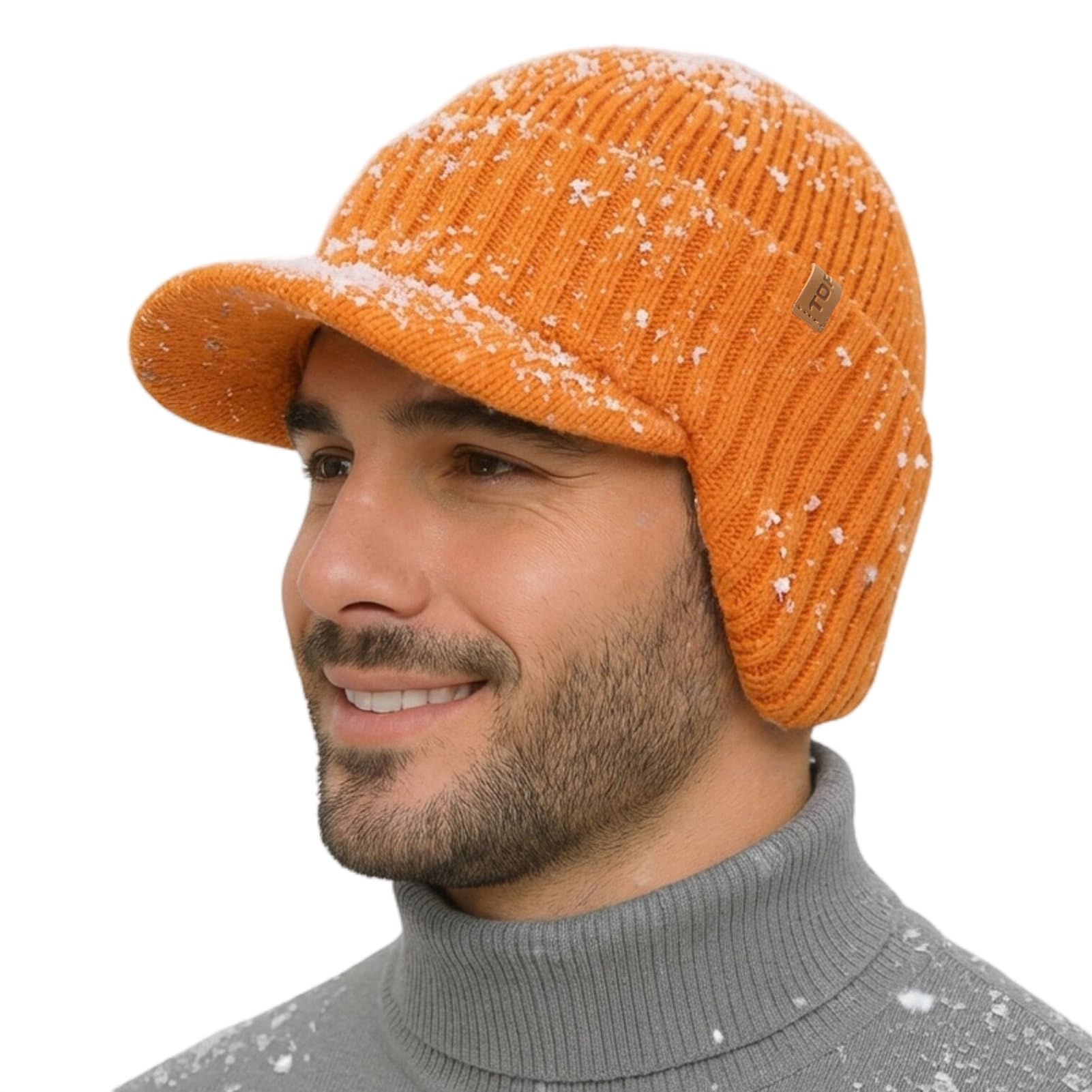 Waterproof Merino wool unhooded hat with brim and ear cover, wool lining for comfort, suitable for cold weather and large heads