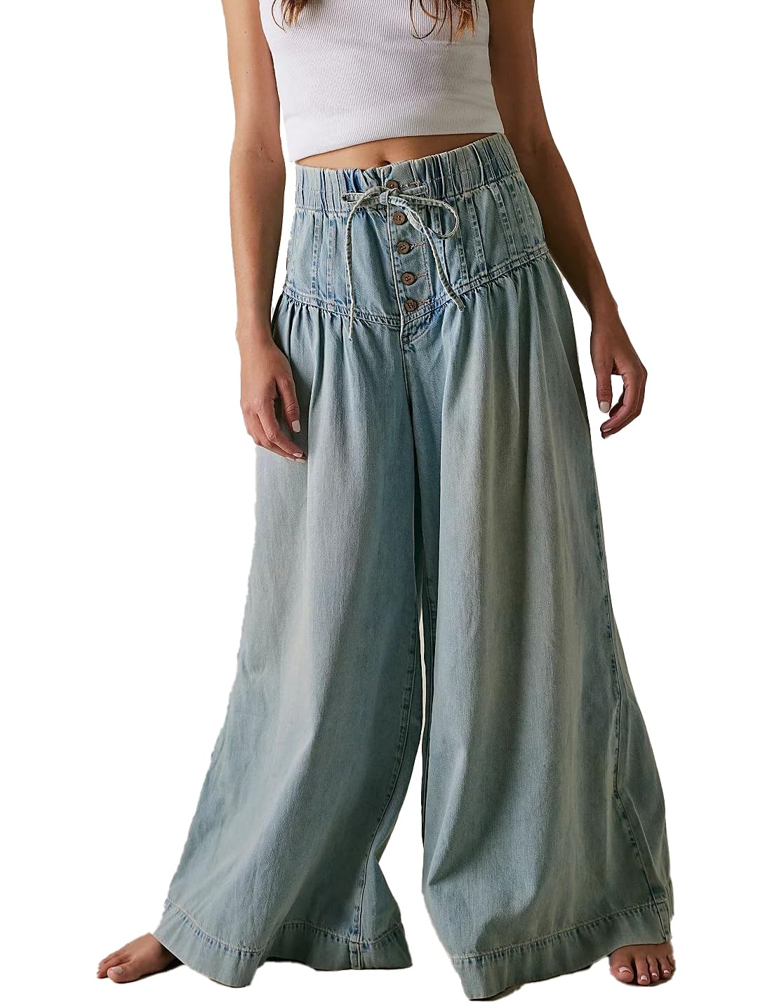 Loose Wide Leg Denim Trousers Midi Waist Drawstring Palazzo Jeans Button Down Flare Ruffle Pleated Denim Jeans
