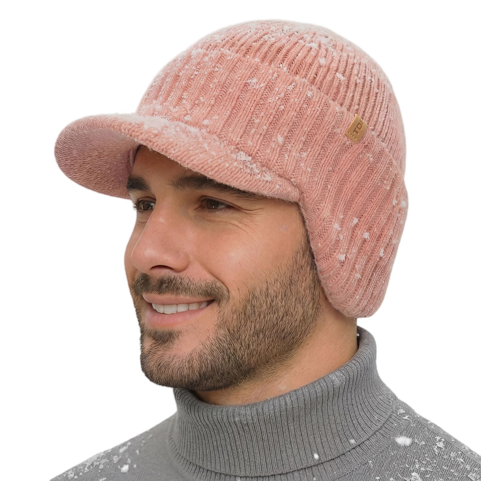 Waterproof Merino wool unhooded hat with brim and ear cover, wool lining for comfort, suitable for cold weather and large heads