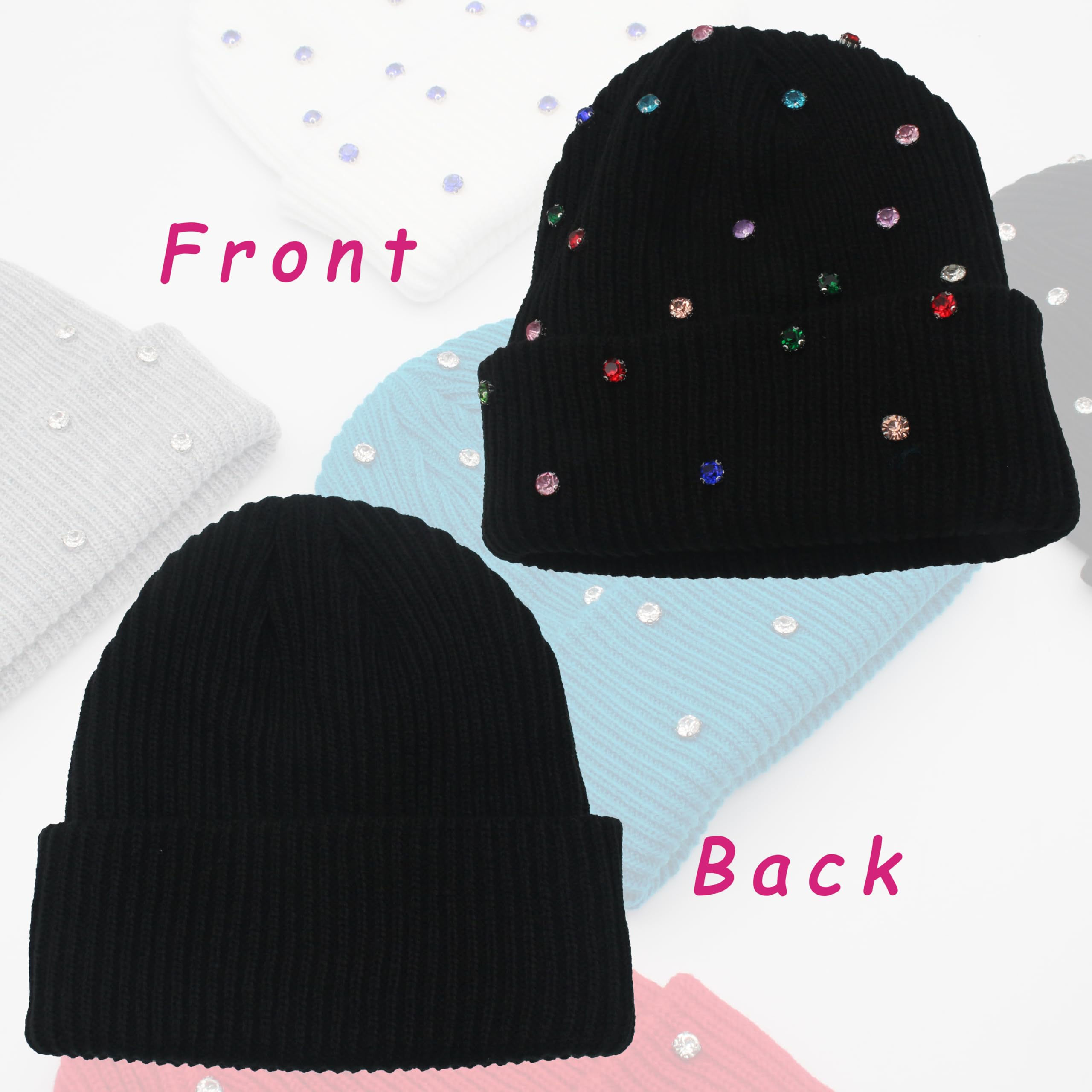 Women's knitted brimless hat - soft, casual and warm with frilled brim. Women's winter hat with rhinestones. Women's skull cap