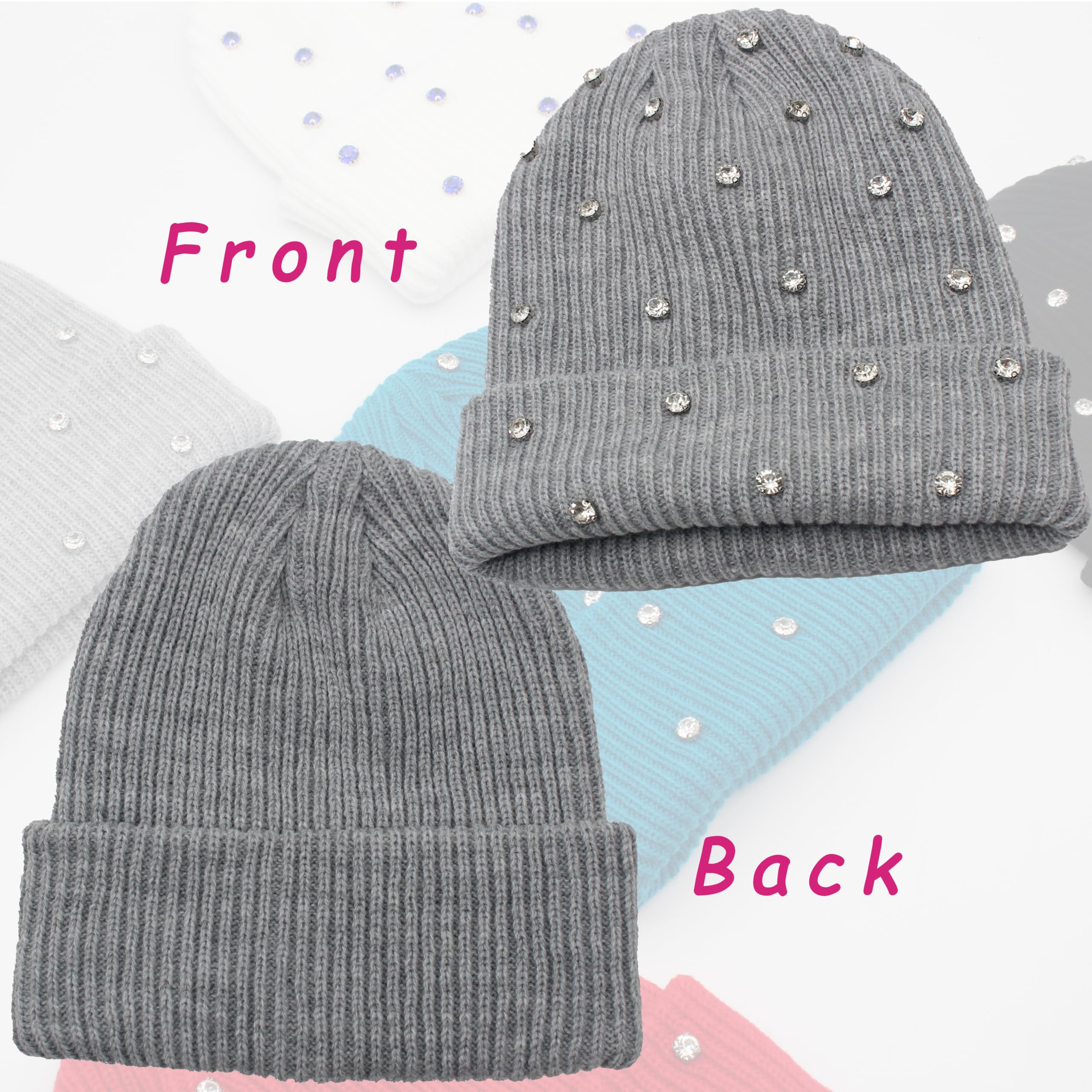 Women's knitted brimless hat - soft, casual and warm with frilled brim. Women's winter hat with rhinestones. Women's skull cap