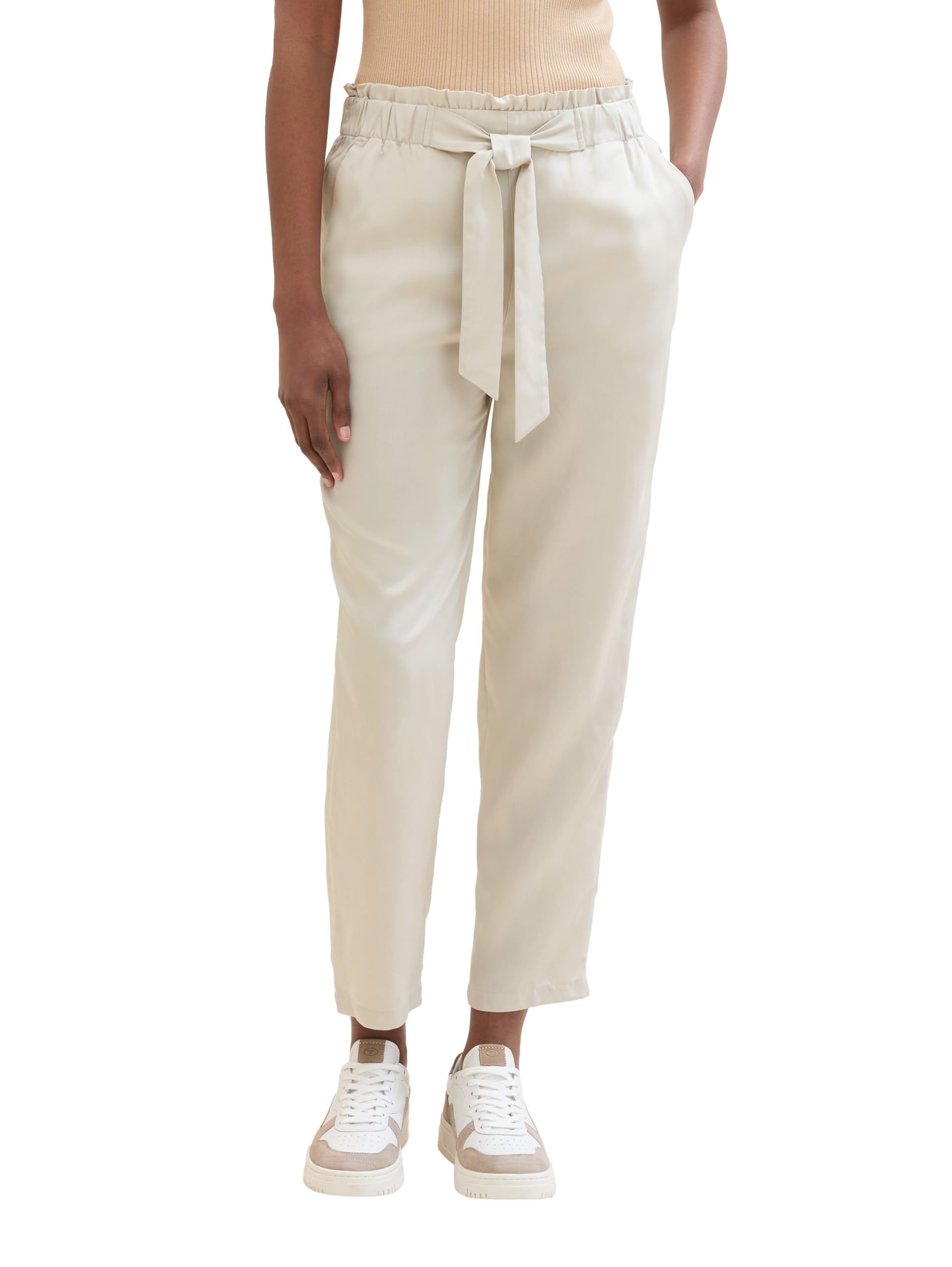Denim Women's Paperbag Trousers with Tie Belt