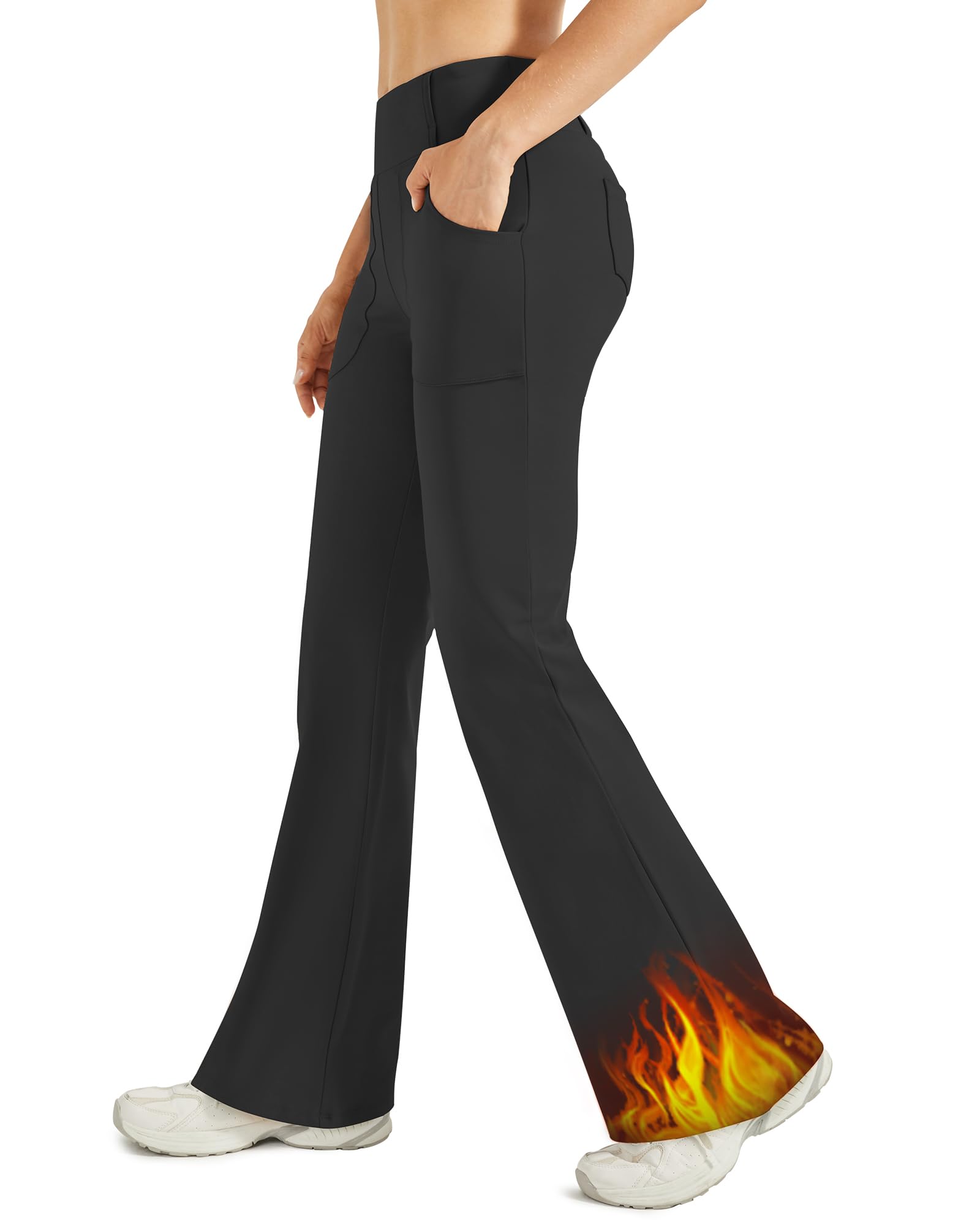 Women's Fleece Lined Flare Leggings Strechy Yoga Dress Pants with 4 Pockets for Casual Work