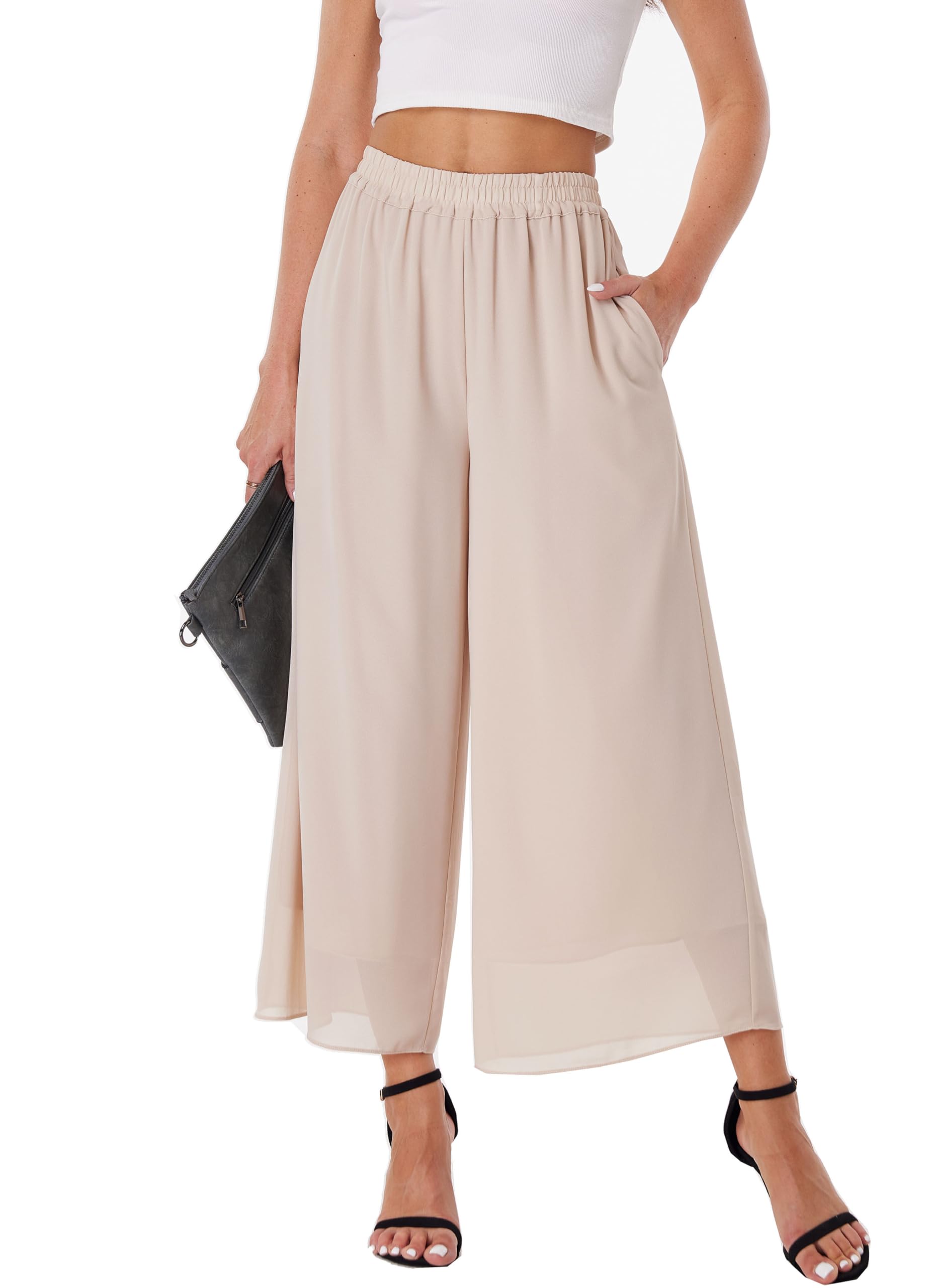 Women's Capris Crop Chiffon Pants Summer Beach Vacation Culottes Casual Dress Wide Leg Palazzo Pants