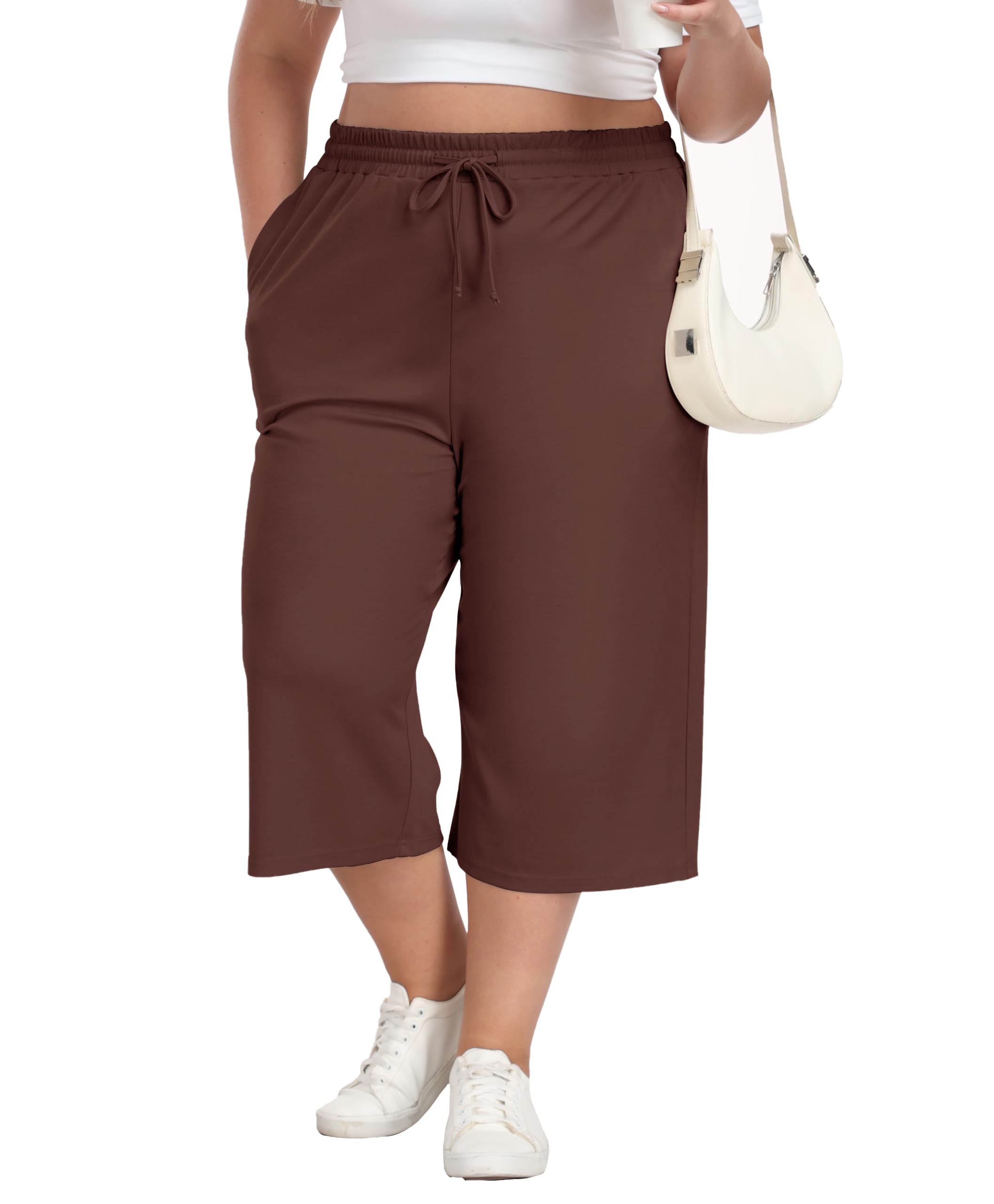 Women's Plus Size Capri Pants Summer Loose Fit Casual Pants Elastic Waist Yoga Pants with Pockets Drawstring