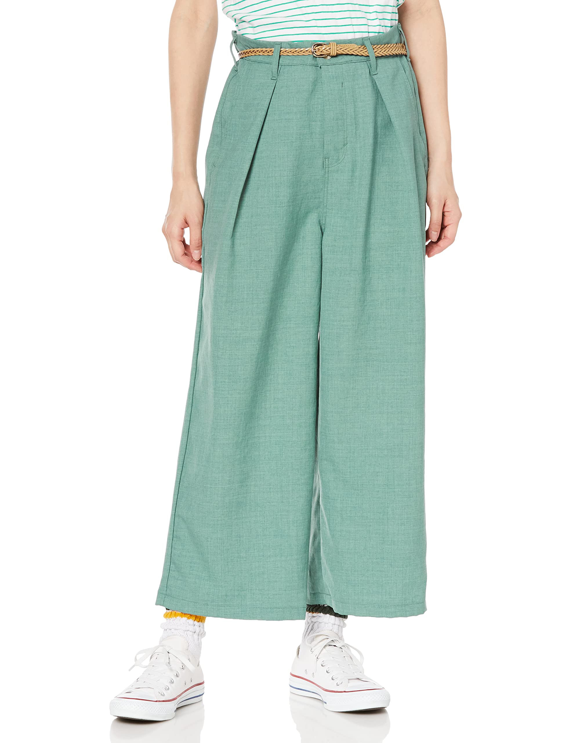 Women's Casual Pants, Wide Tuck Pants with Belt, Linen Blend Fiber, Cooling