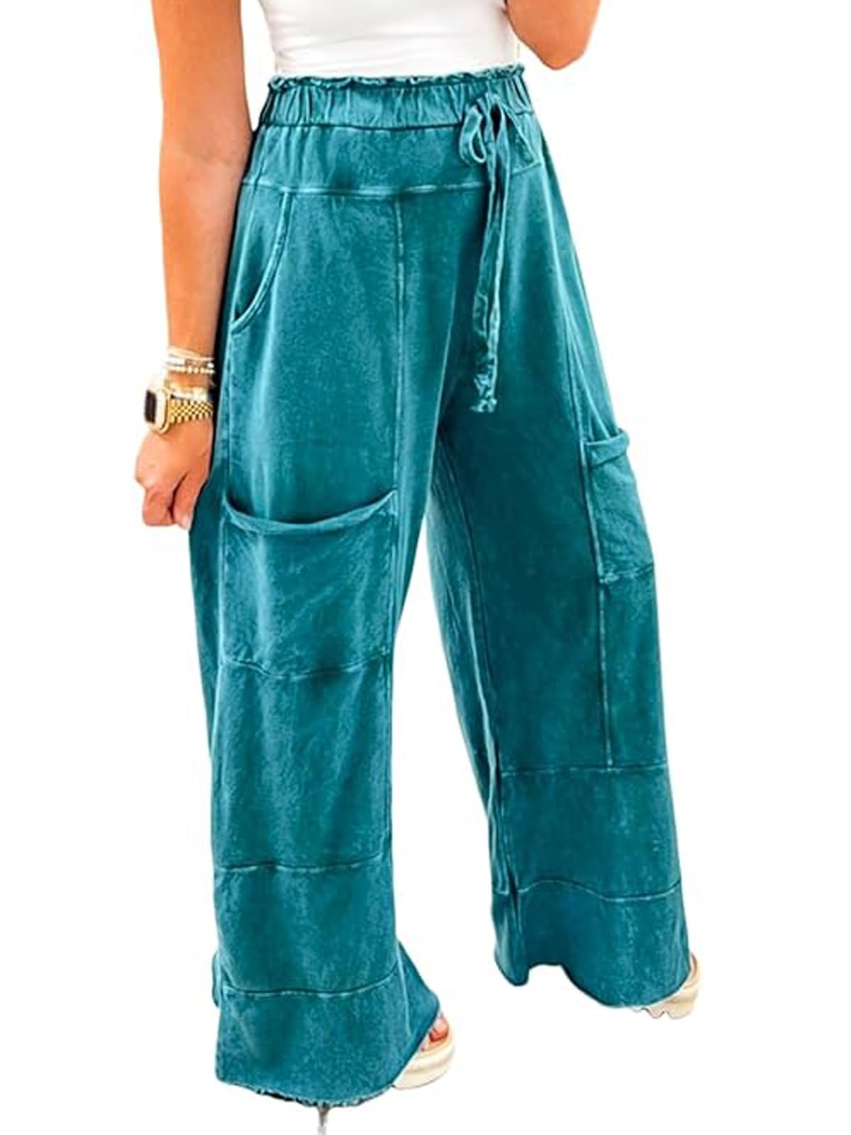 Casual Pants for Women Mineral Wash Lace-up Elastic High Waist Raw Hem Patched Pocket Solid Daily Trousers