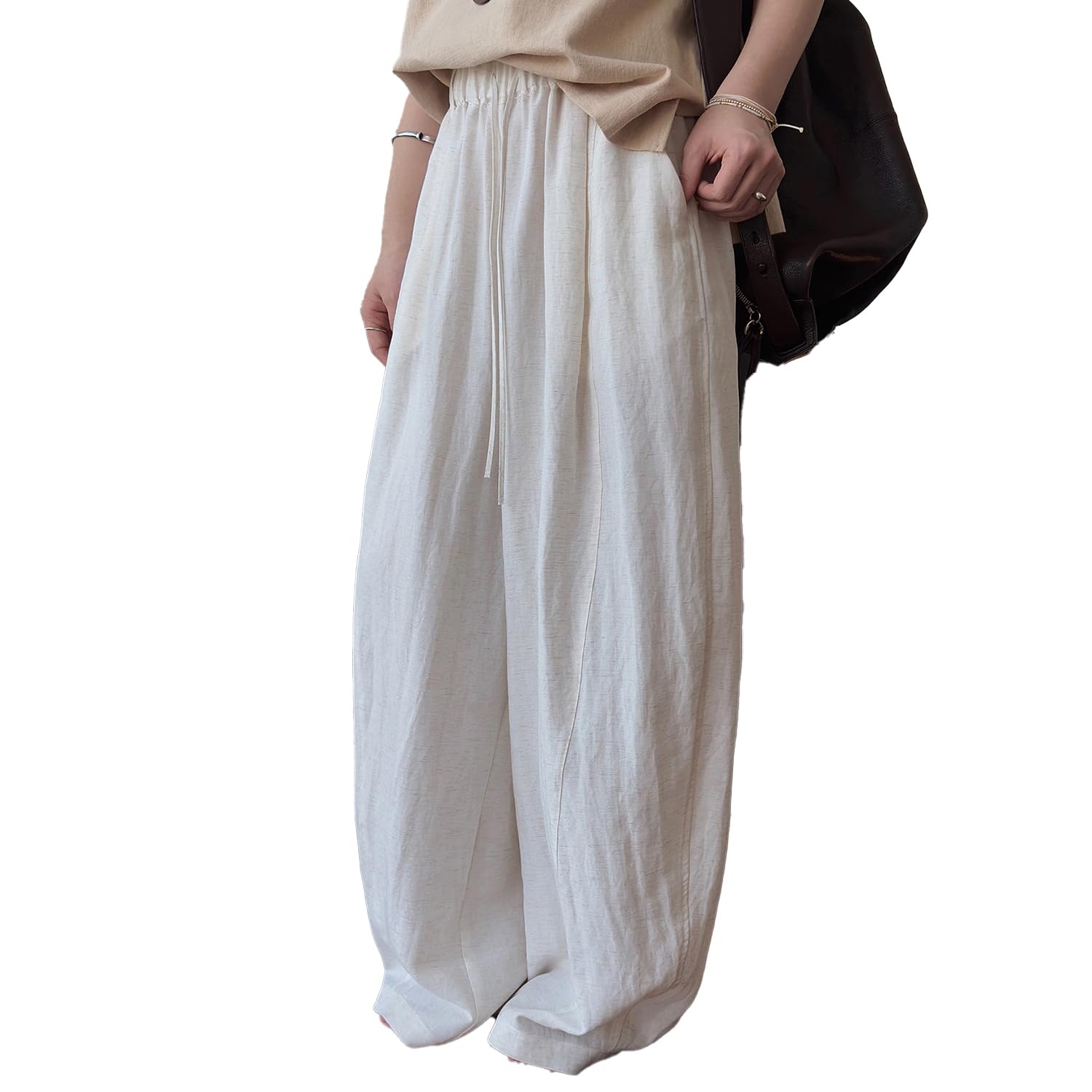 Summer Women's Linen Pants - High Waisted Straight Leg Loose Fit Casual Trousers with Pockets