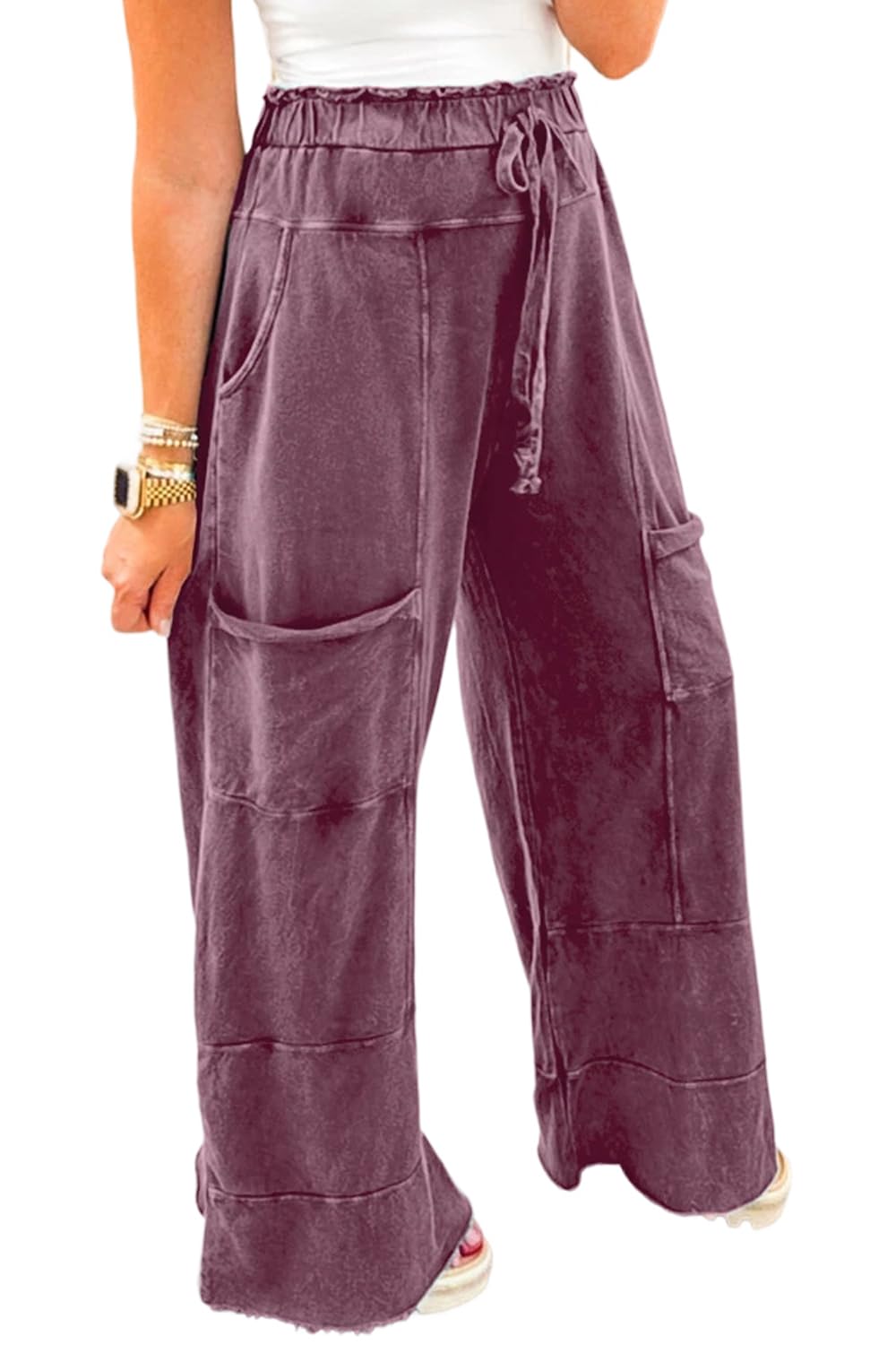 Casual Pants for Women Mineral Wash Lace-up Elastic High Waist Raw Hem Patched Pocket Solid Daily Trousers