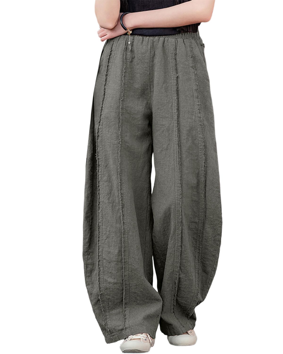 Women's Linen Harem Pants Vintage Wide Leg Lantern Front Raw Frayed Patchwork Baggy Boho Lounge Trousers