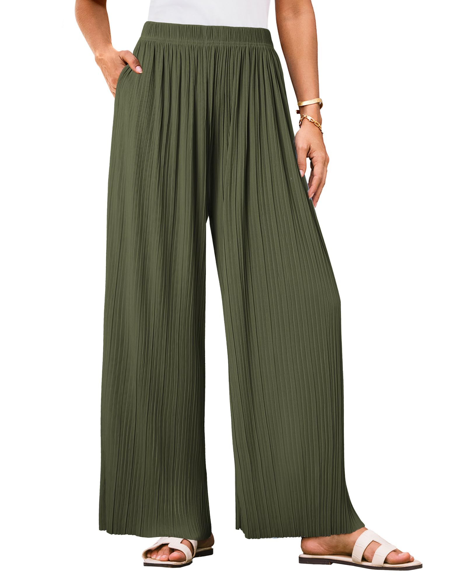 Womens Casual Wide Leg Pants Pleated High Elastic Waist Flowy Loose Beach Palazzo Pants Work Trousers Summer