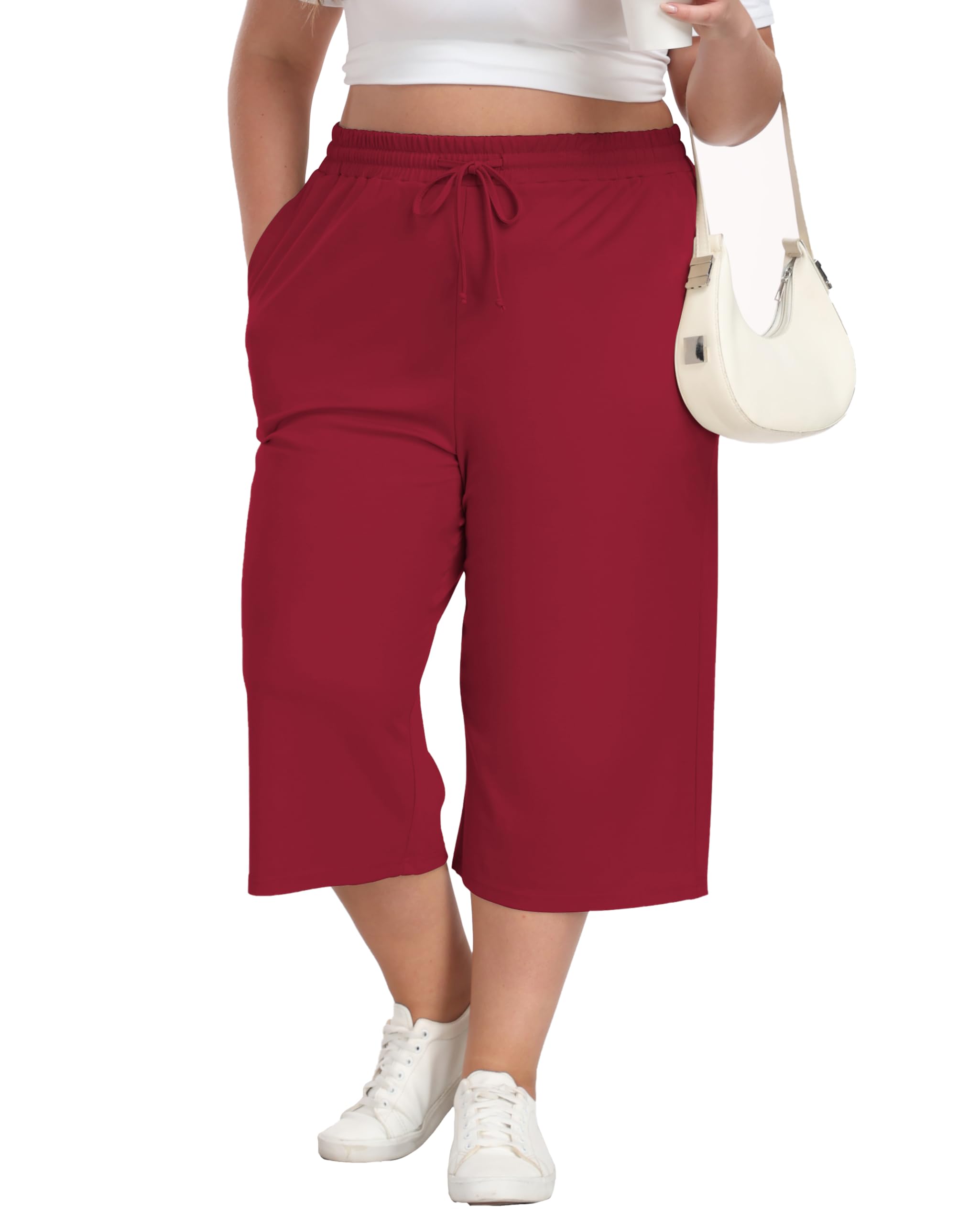 Women's Plus Size Capri Pants Summer Loose Fit Casual Pants Elastic Waist Yoga Pants with Pockets Drawstring