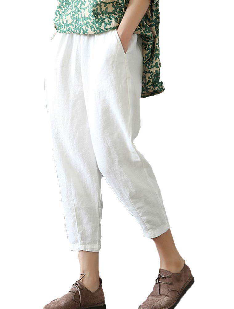 Women's Linen Cropped Pants Tapered Ankle Capris Trousers Elastic Waist