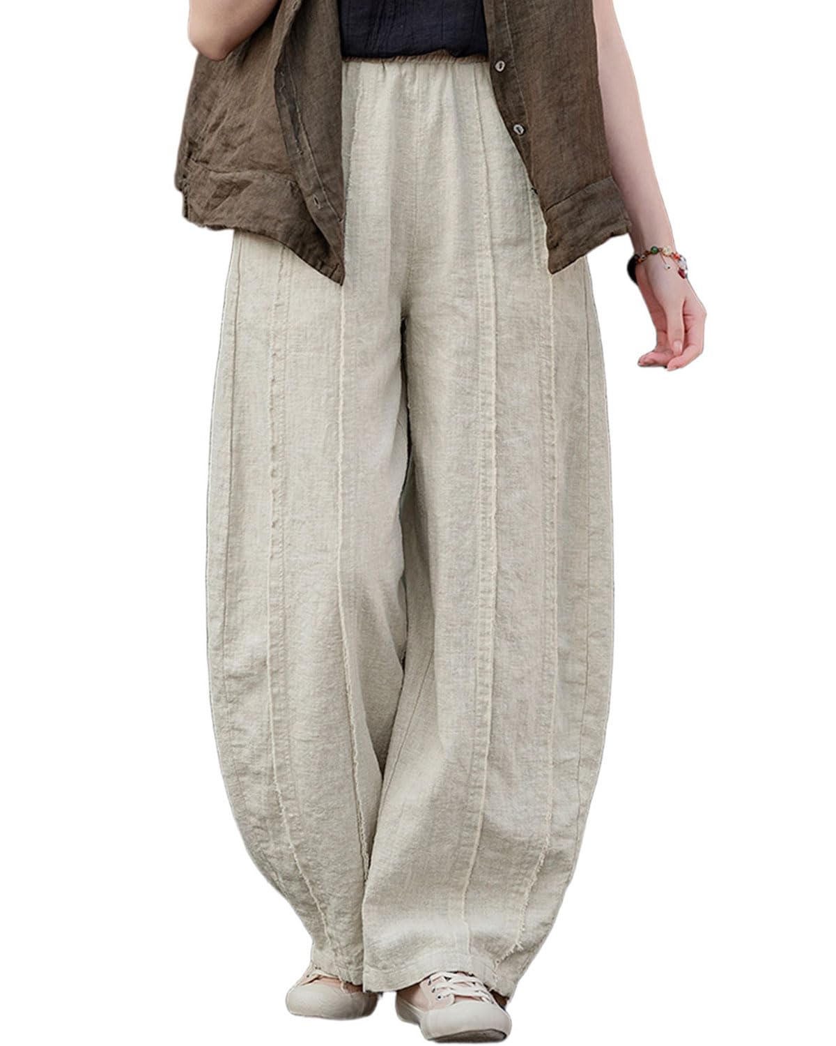Women's Linen Harem Pants Vintage Wide Leg Lantern Front Raw Frayed Patchwork Baggy Boho Lounge Trousers
