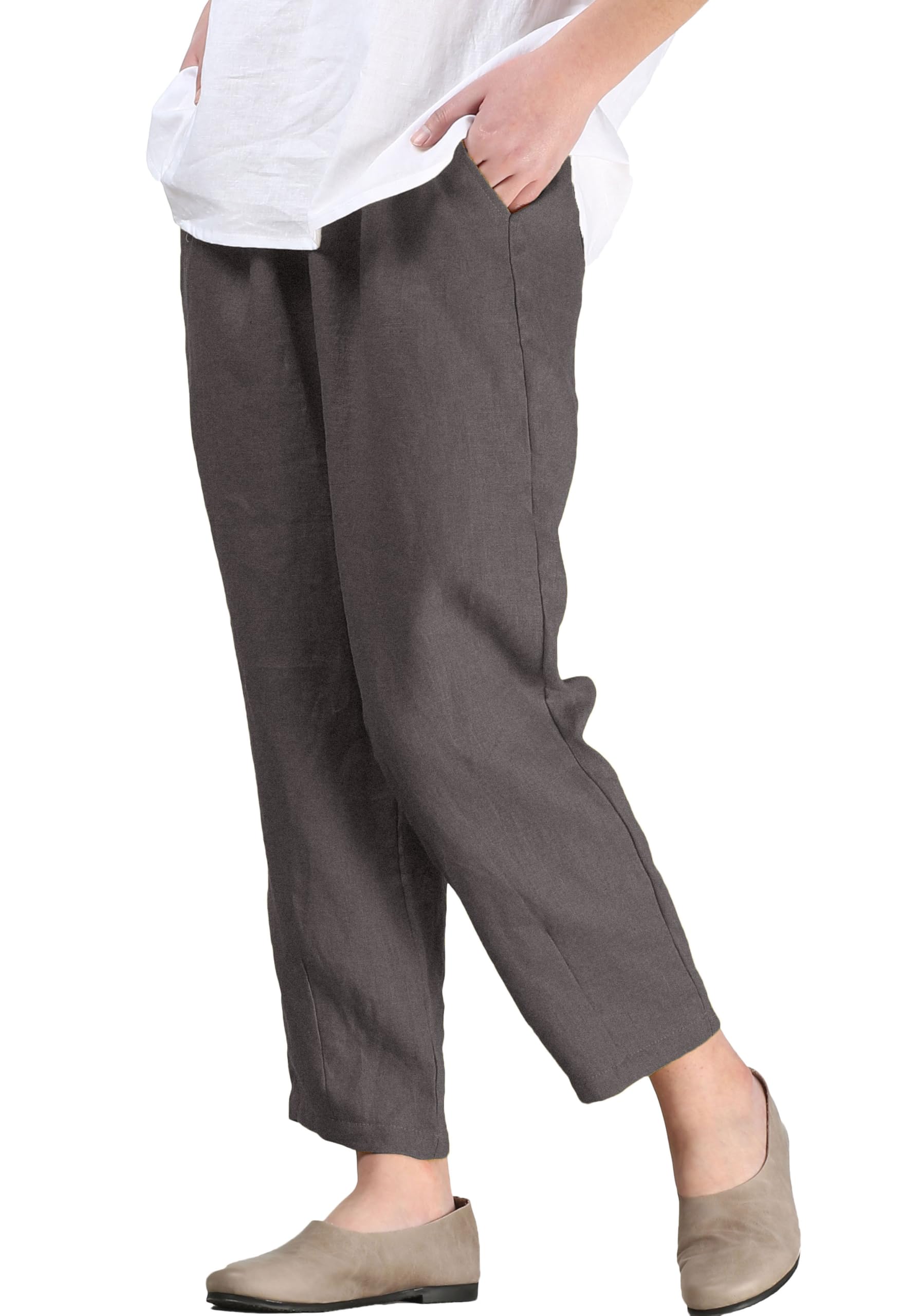 Women's Linen Cropped Pants Tapered Ankle Capris Trousers Elastic Waist