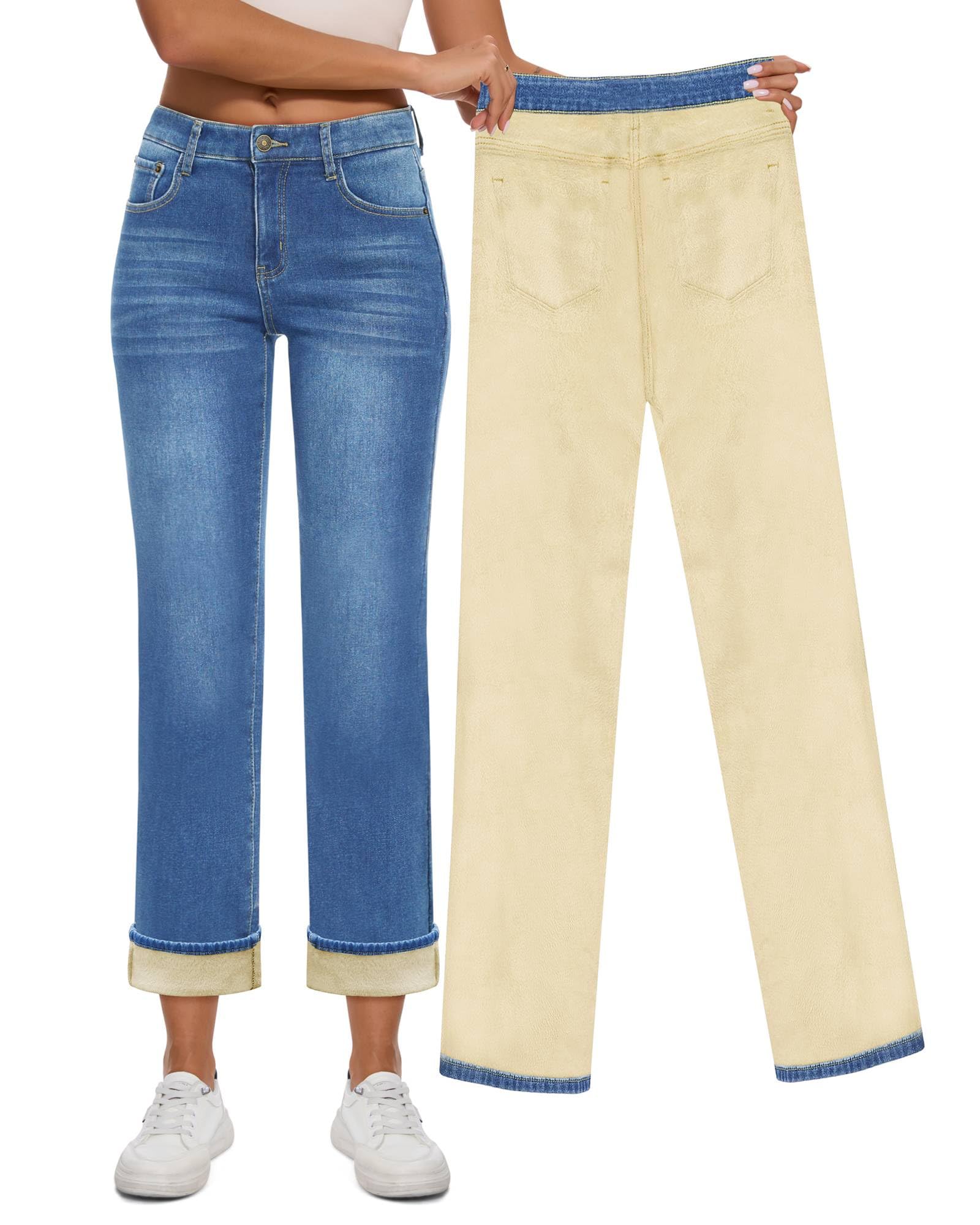 Women Fleece Lined Jeans Women's High Waisted Straight Leg Jeans Winter Fleece Lined Jean Pants
