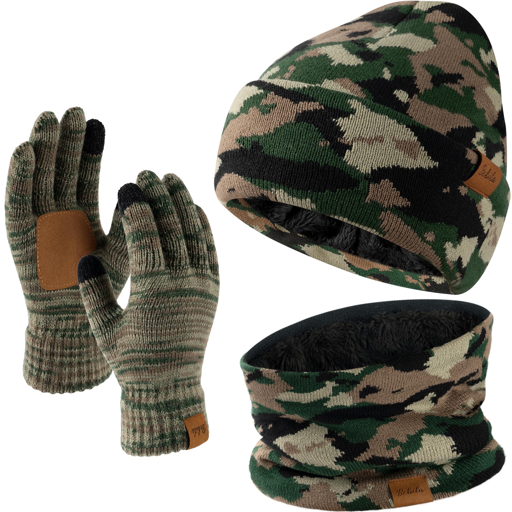 3-piece winter beanie, scarf and gloves set, thick knitted beanie with warm neck lining made of wool, a great gift for men and women