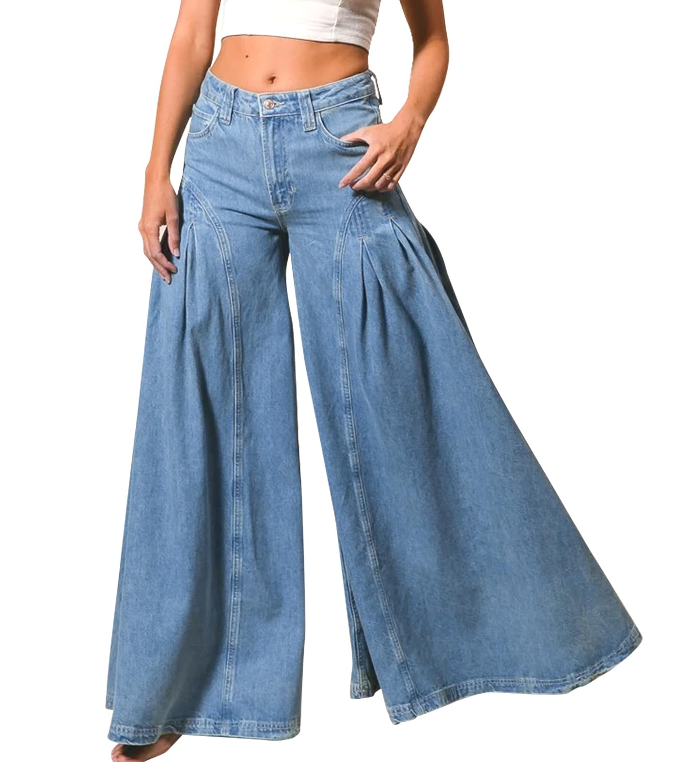 Women Bell Bottom Jeans High Waist Stretch Wide Leg Baggy Flared Pleated Vintage Casual Loose Denim Pants