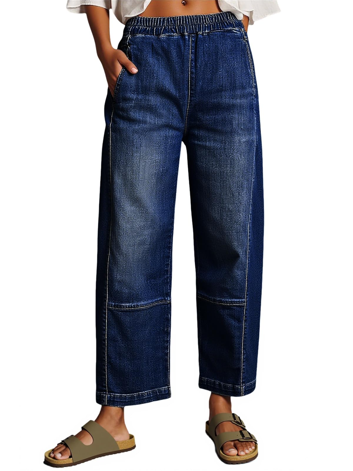 Womens Baggy Cropped Jeans Elastic High Waisted Wide Leg Trendy Stretchy Seam Barrel Capri Denim Pants