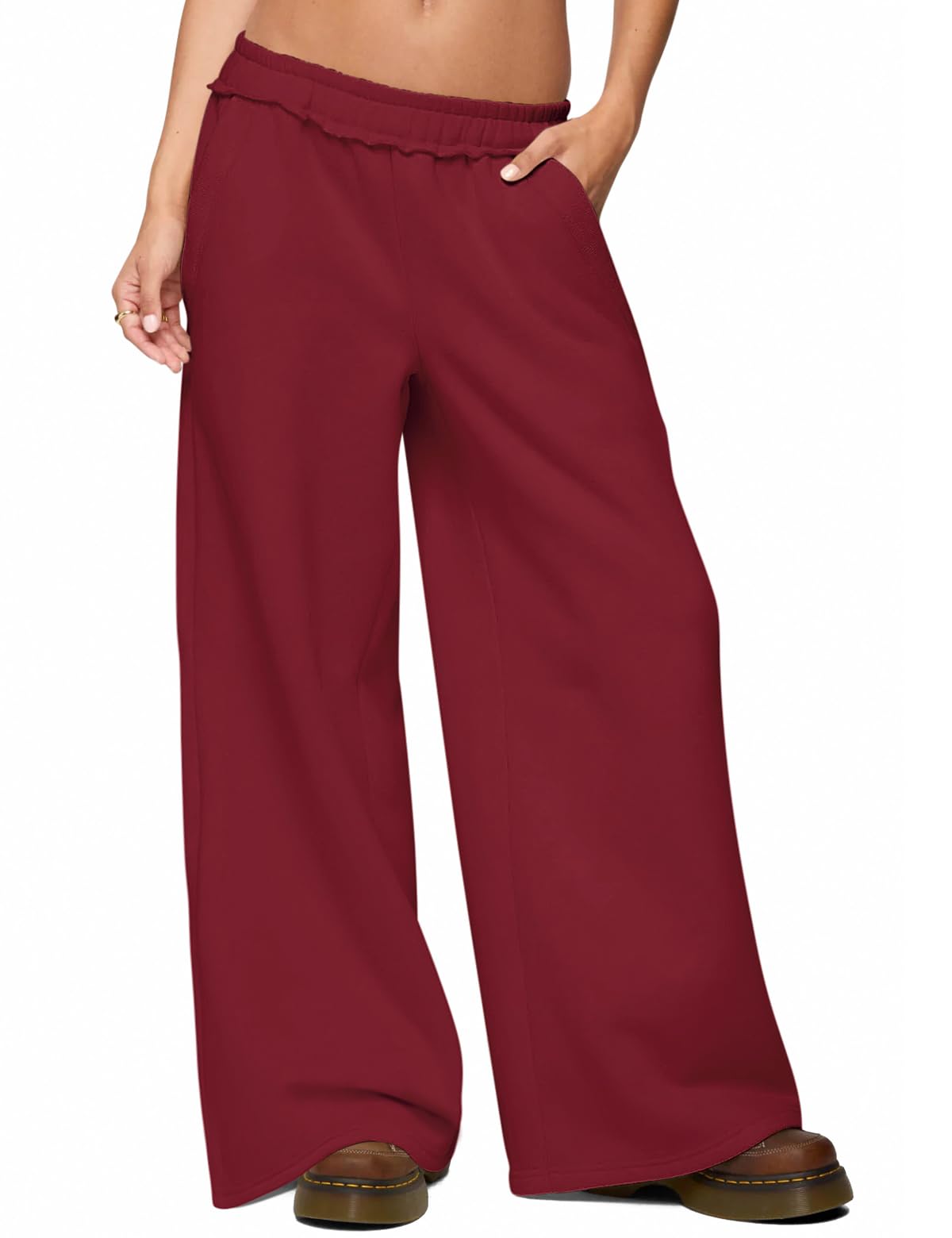 Womens Fleece Lined Sweatpants Wide Leg Baggy Thermal Lounge Pants Raw Hem Elastic Waist Oversized Sweat Pants