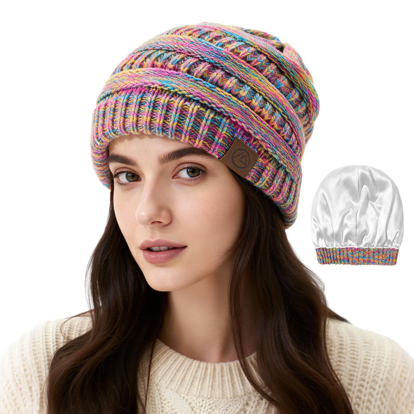 Lace-lined brimless women's winter hat with silk lining, casual and cute winter warm-up knitted ski cap