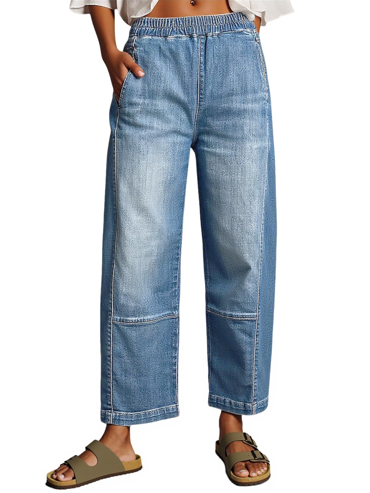 Womens Baggy Cropped Jeans Elastic High Waisted Wide Leg Trendy Stretchy Seam Barrel Capri Denim Pants