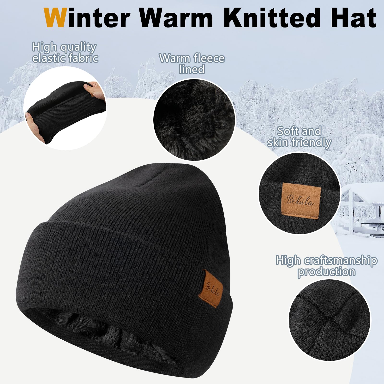 3-piece winter beanie, scarf and gloves set, thick knitted beanie with warm neck lining made of wool, a great gift for men and women