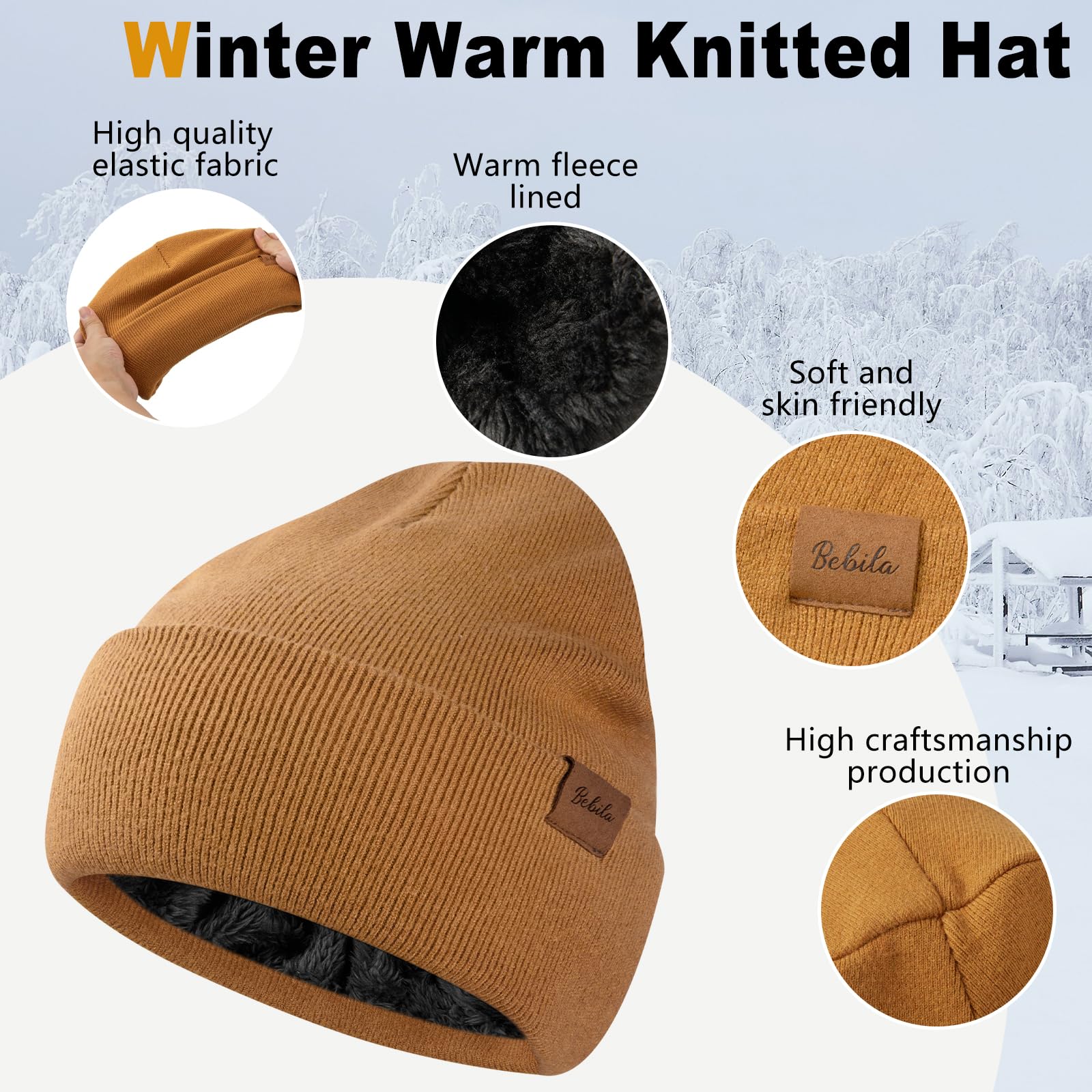 3-piece winter beanie, scarf and gloves set, thick knitted beanie with warm neck lining made of wool, a great gift for men and women