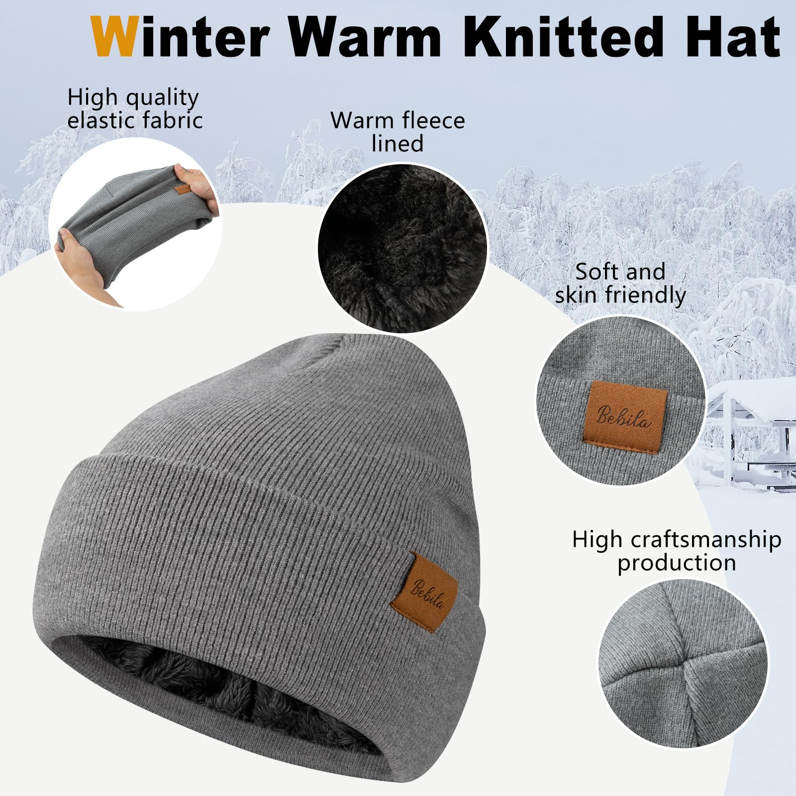 3-piece winter beanie, scarf and gloves set, thick knitted beanie with warm neck lining made of wool, a great gift for men and women