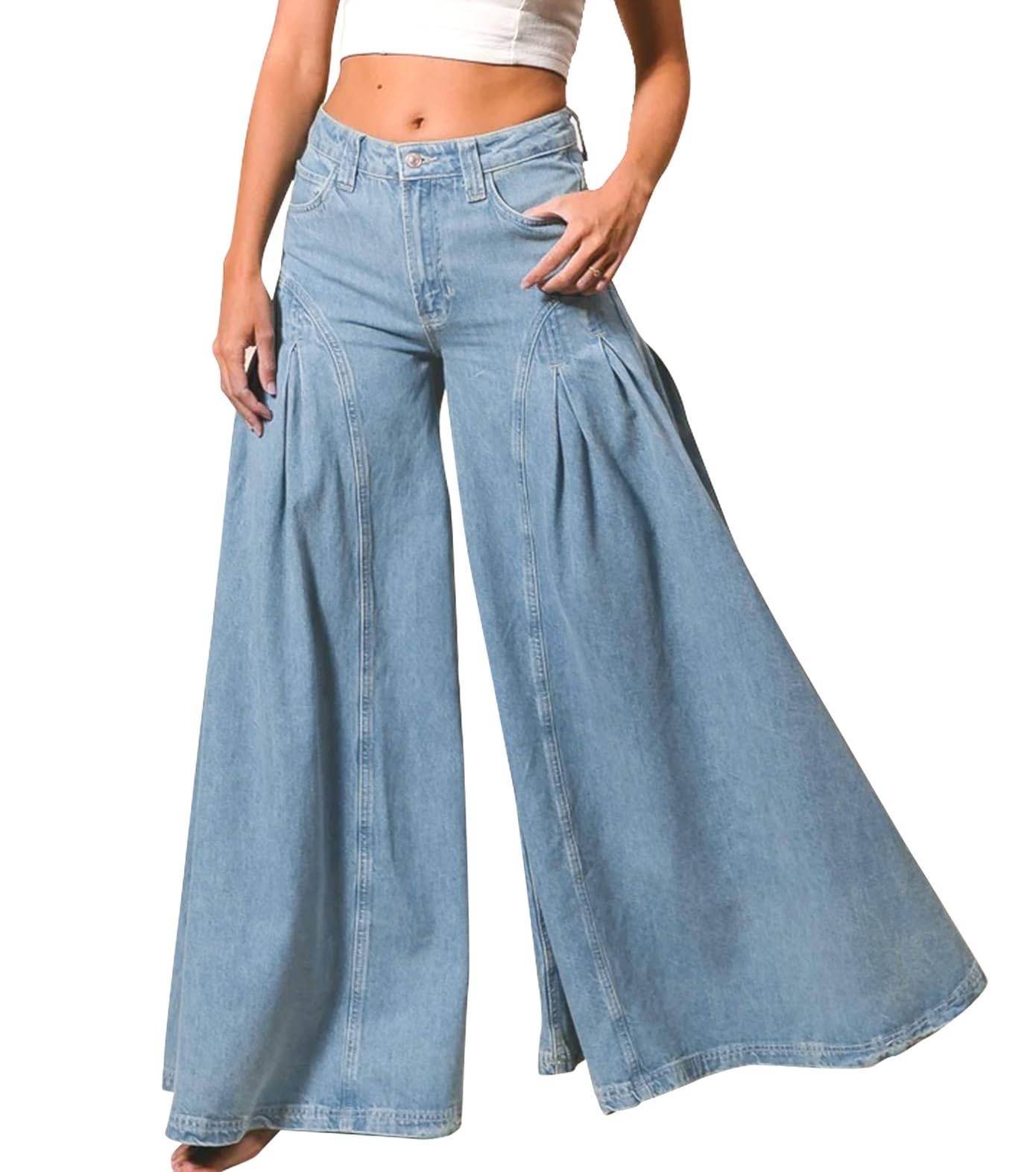 Women Bell Bottom Jeans High Waist Stretch Wide Leg Baggy Flared Pleated Vintage Casual Loose Denim Pants