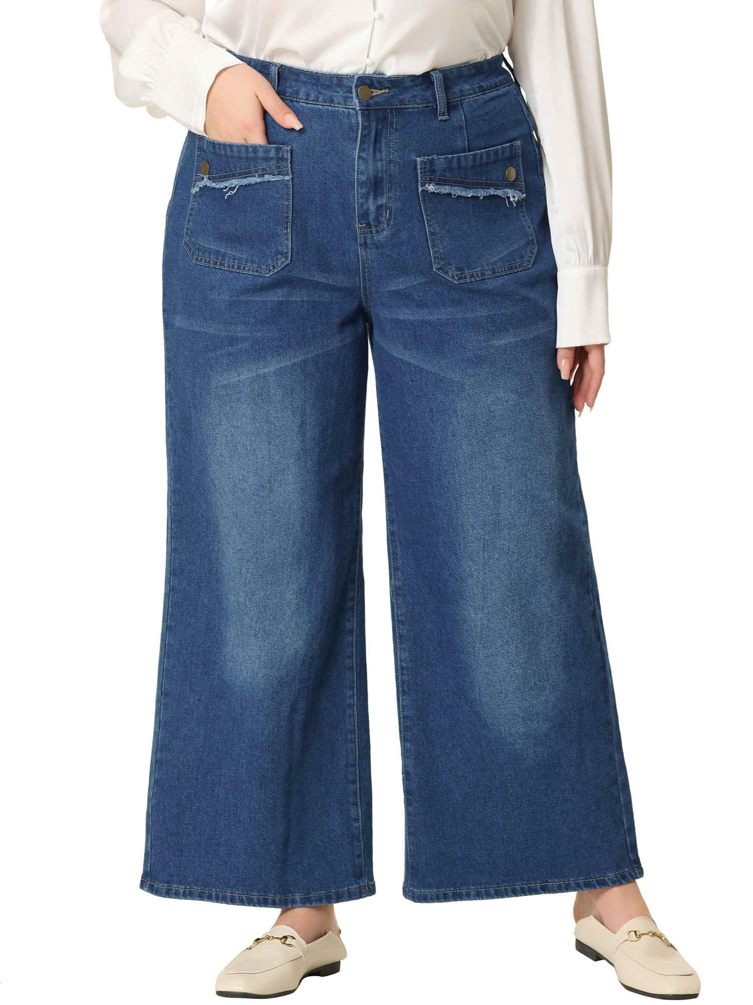 Plus Size Jeans for Women Wide Leg Washed Stretch with Pockets Palazzo Pants