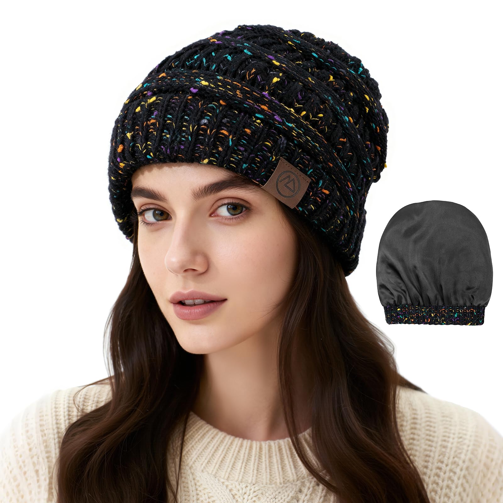 Lace-lined brimless women's winter hat with silk lining, casual and cute winter warm-up knitted ski cap