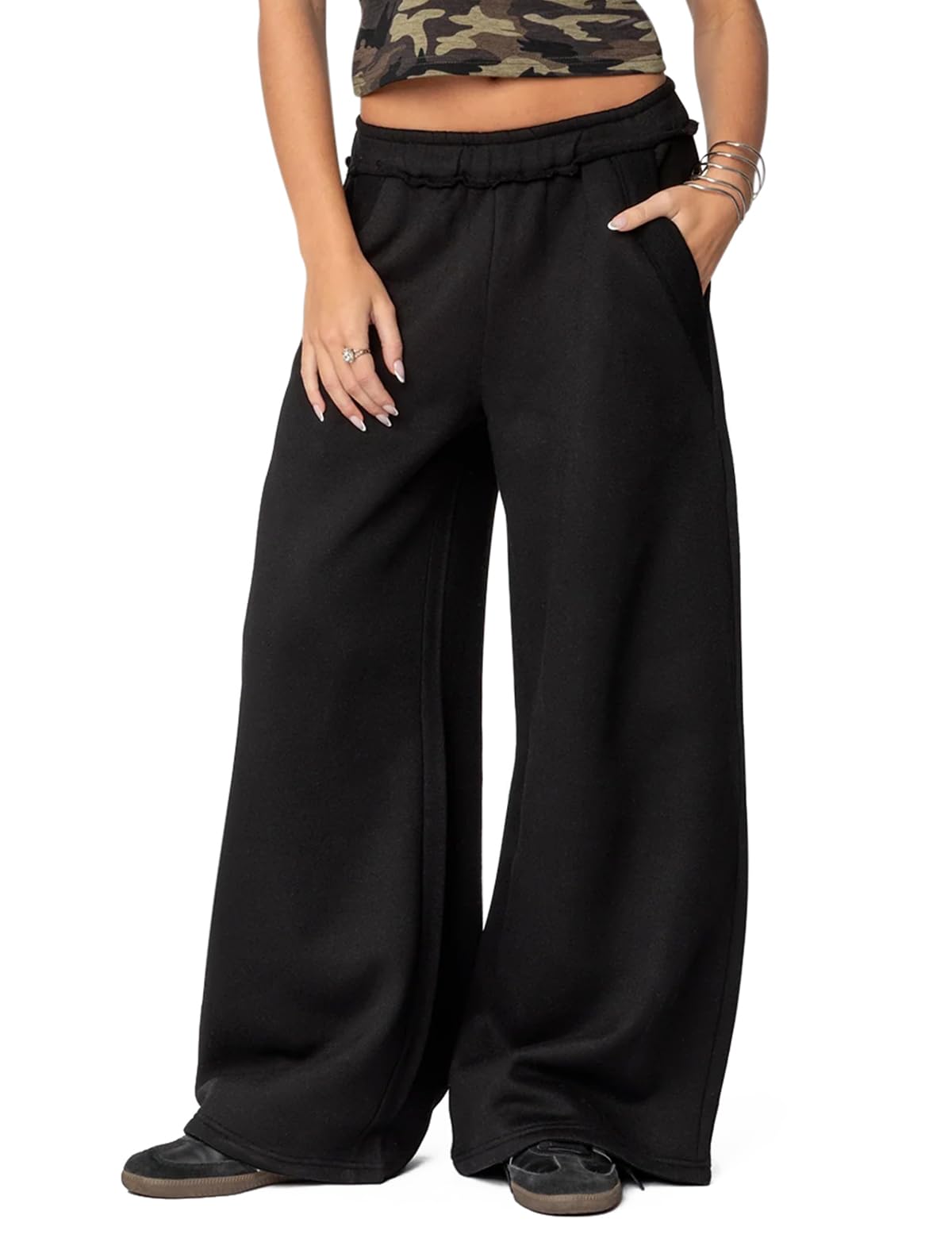 Womens Fleece Lined Sweatpants Wide Leg Baggy Thermal Lounge Pants Raw Hem Elastic Waist Oversized Sweat Pants