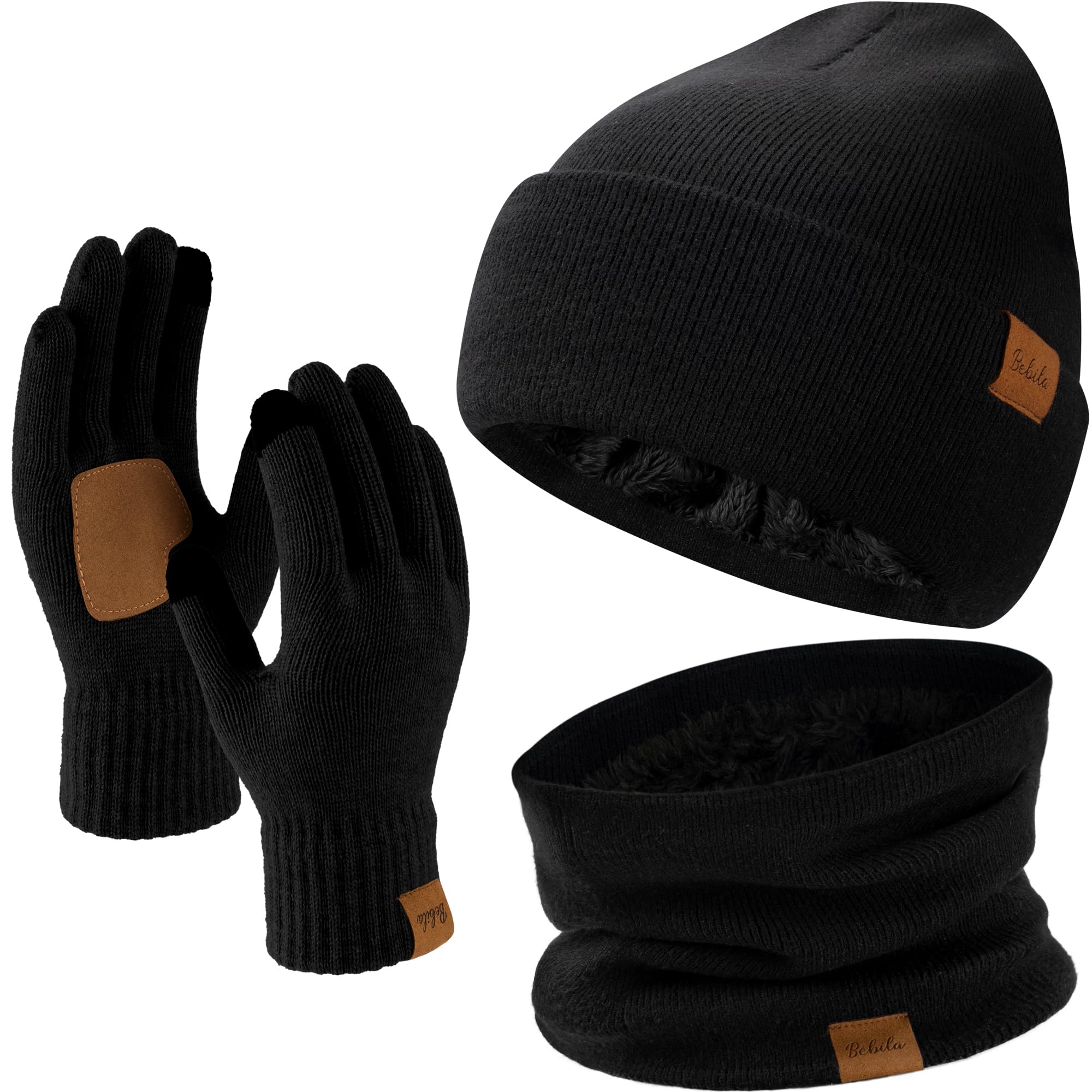 3-piece winter beanie, scarf and gloves set, thick knitted beanie with warm neck lining made of wool, a great gift for men and women
