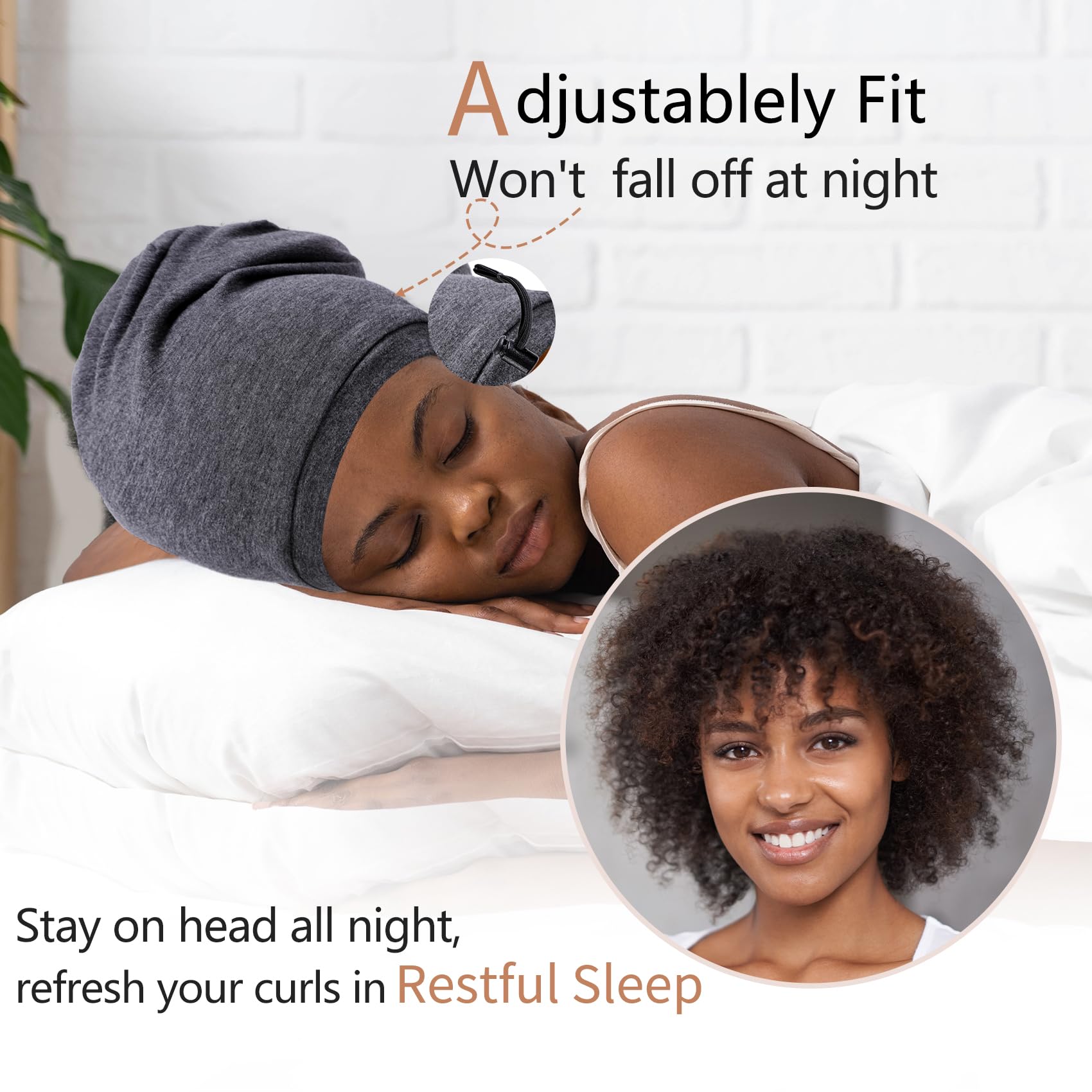 2-piece adjustable satin sleep cap, women's and men's sleep cap, silk-lined casual adjustable shoulder strap, curly hair head wrap, night cap, black + blue 2