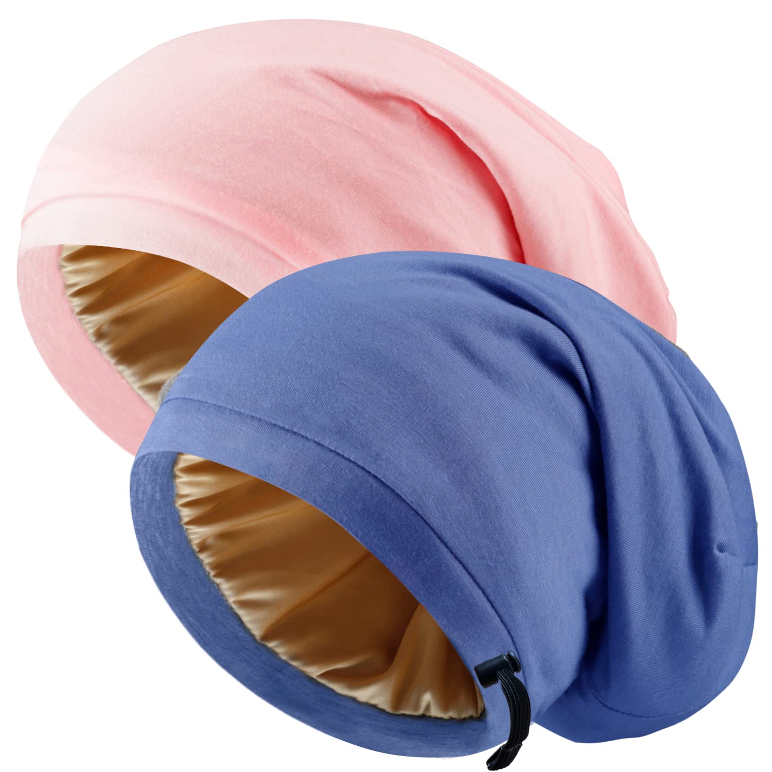 2-piece adjustable satin sleep cap, women's and men's sleep cap, silk-lined casual adjustable shoulder strap, curly hair head wrap, night cap, black + blue 2