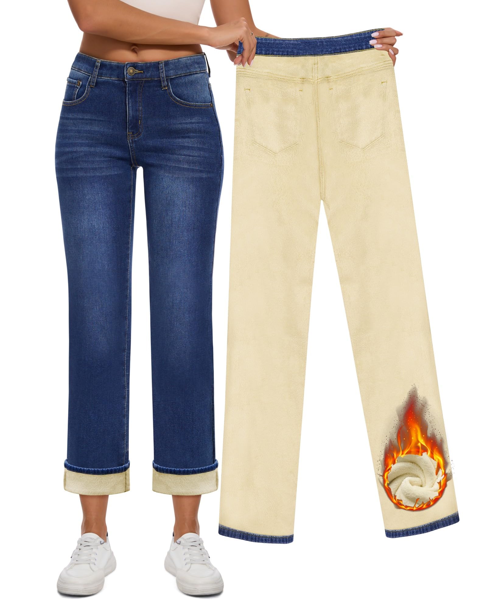Women Fleece Lined Jeans Women's High Waisted Straight Leg Jeans Winter Fleece Lined Jean Pants