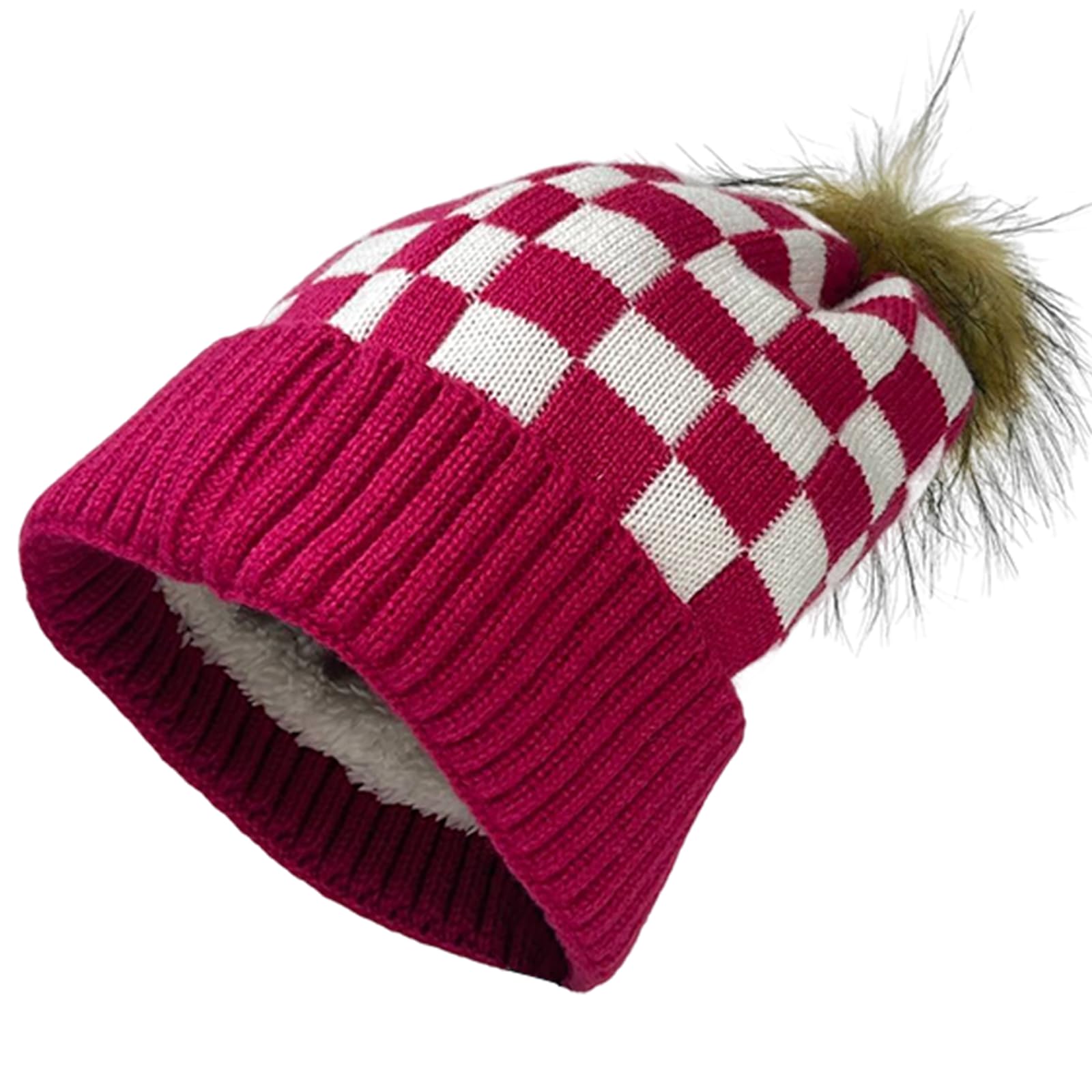 Colorful Checkered Knit Beanie for Men and Women, Wool Lined Beanie, Warm Winter Hat, Fashionable Knit Rolled Brim Hat
