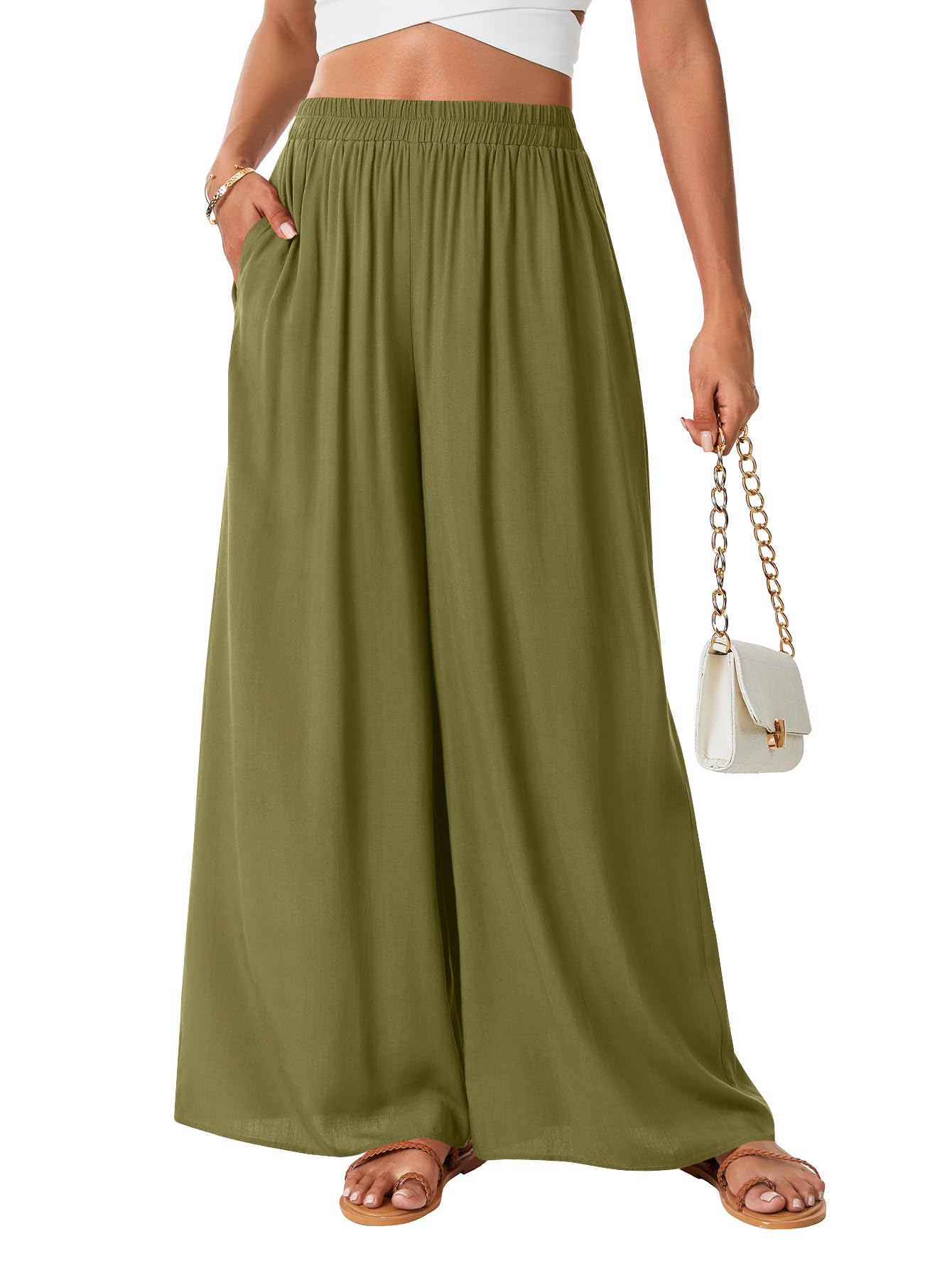 Women's Wide Leg Elastic High Waist Flowy Lounge Trousers Maxi Pants with Pockets