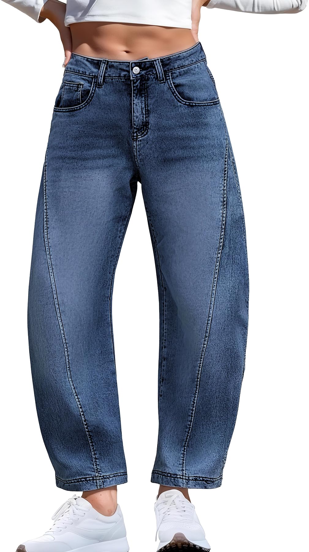 Barrel Jeans for Women Stretchy Denim Pants Boyfriend Baggy Mid Rise Sweatpant Jeans
