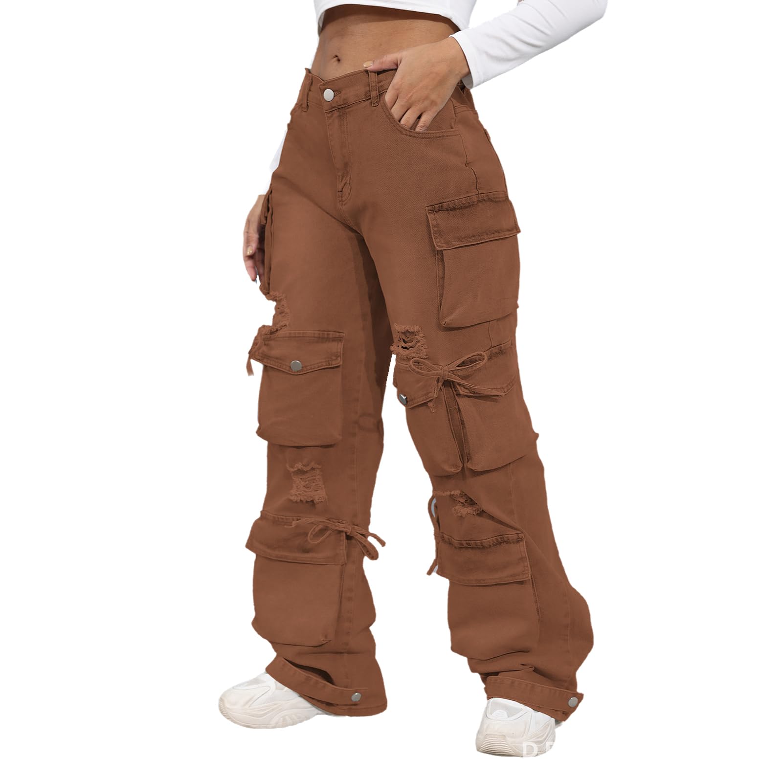 Women's High Waist Baggy Jeans Flap Pocket Cargo Pants Loose Denim Pants Streetwear