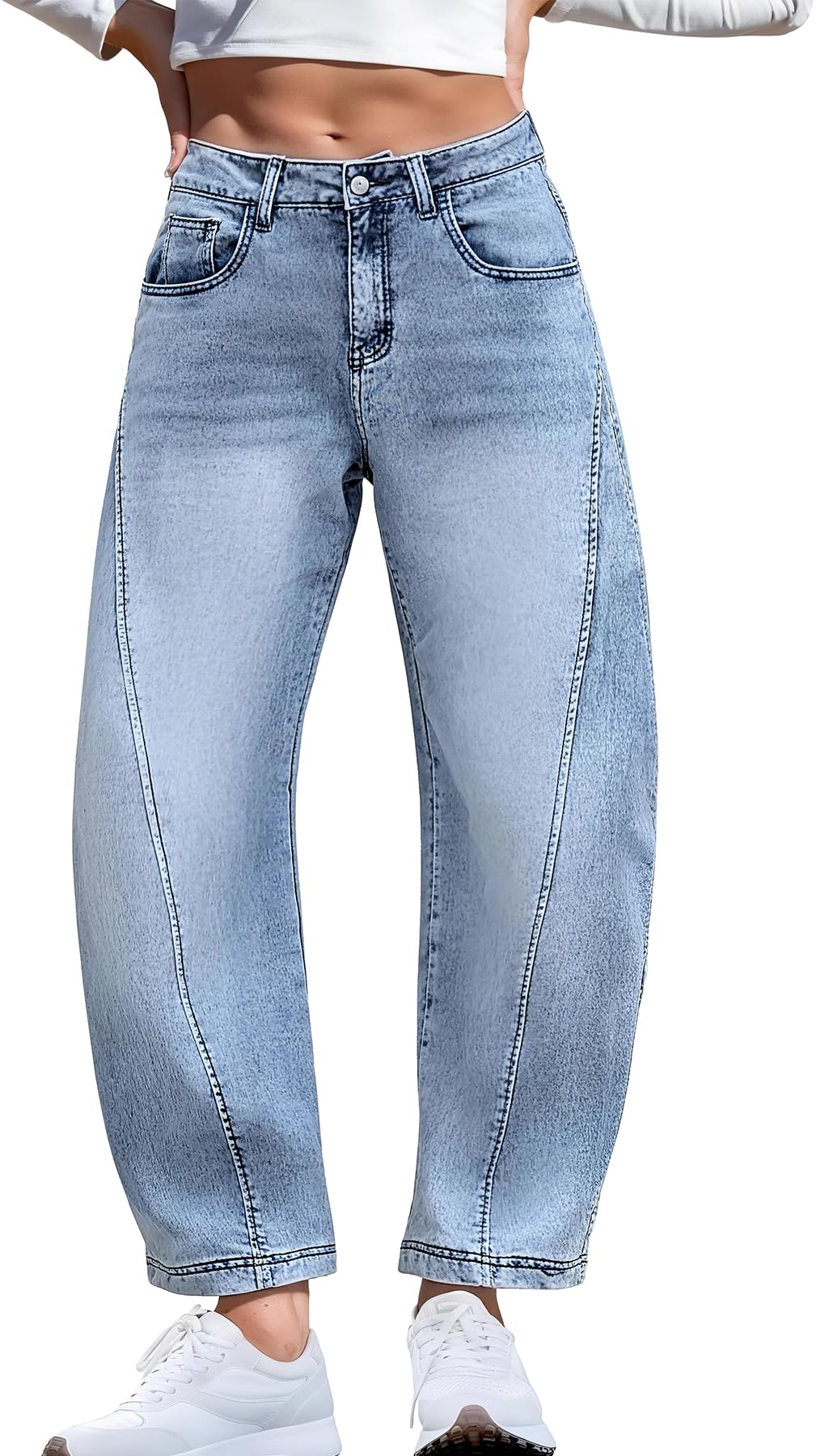 Barrel Jeans for Women Stretchy Denim Pants Boyfriend Baggy Mid Rise Sweatpant Jeans