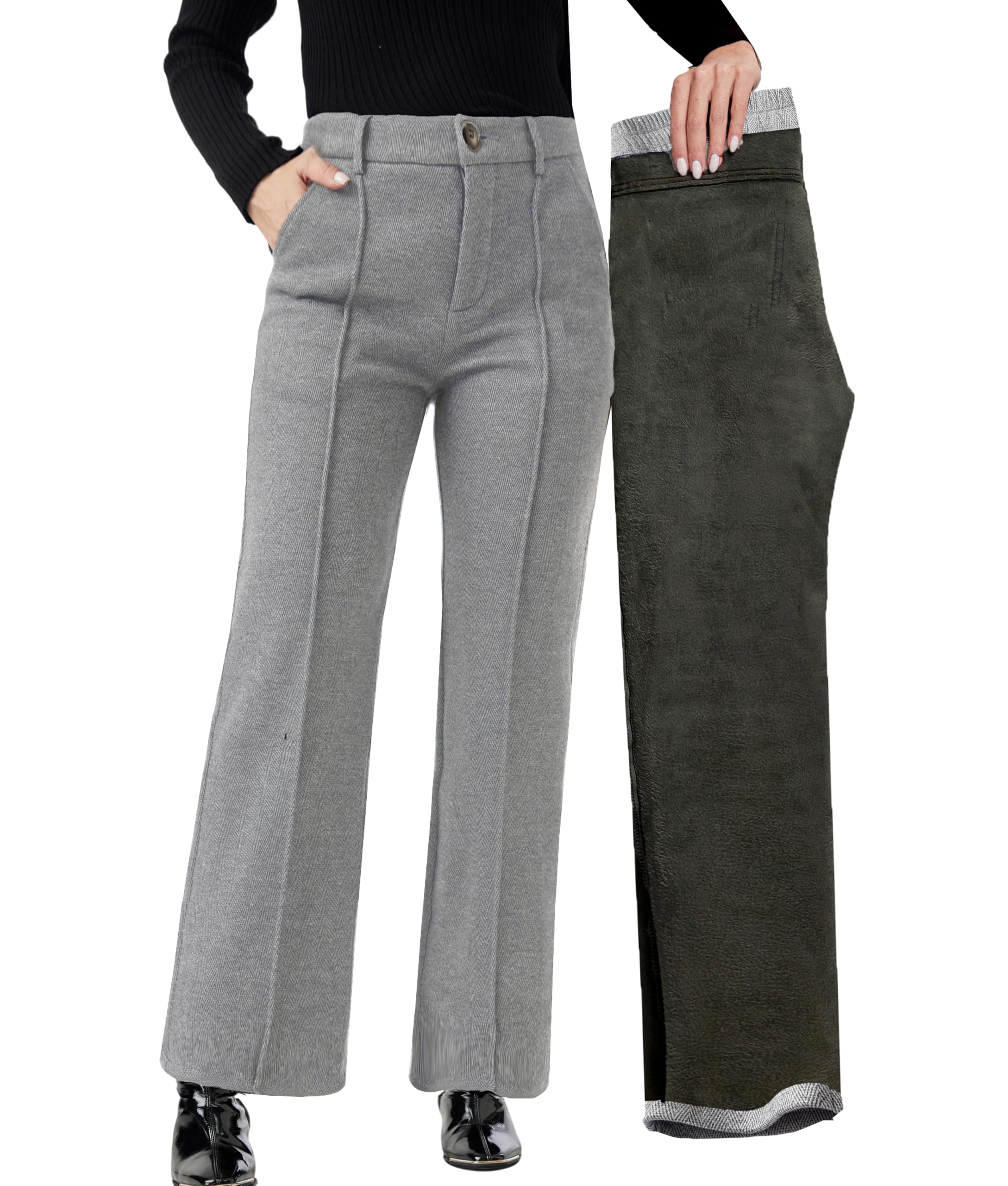 Womens Winter Thermal Wool Blend Tweed Wide Leg Trousers Fleece Lined Business Casual Pants