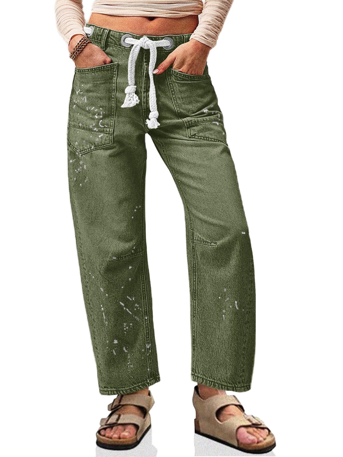 Womens Baggy Barrel Horseshoe Jeans Wide Leg Drawstring Vintage Denim Pants with Front Pockets