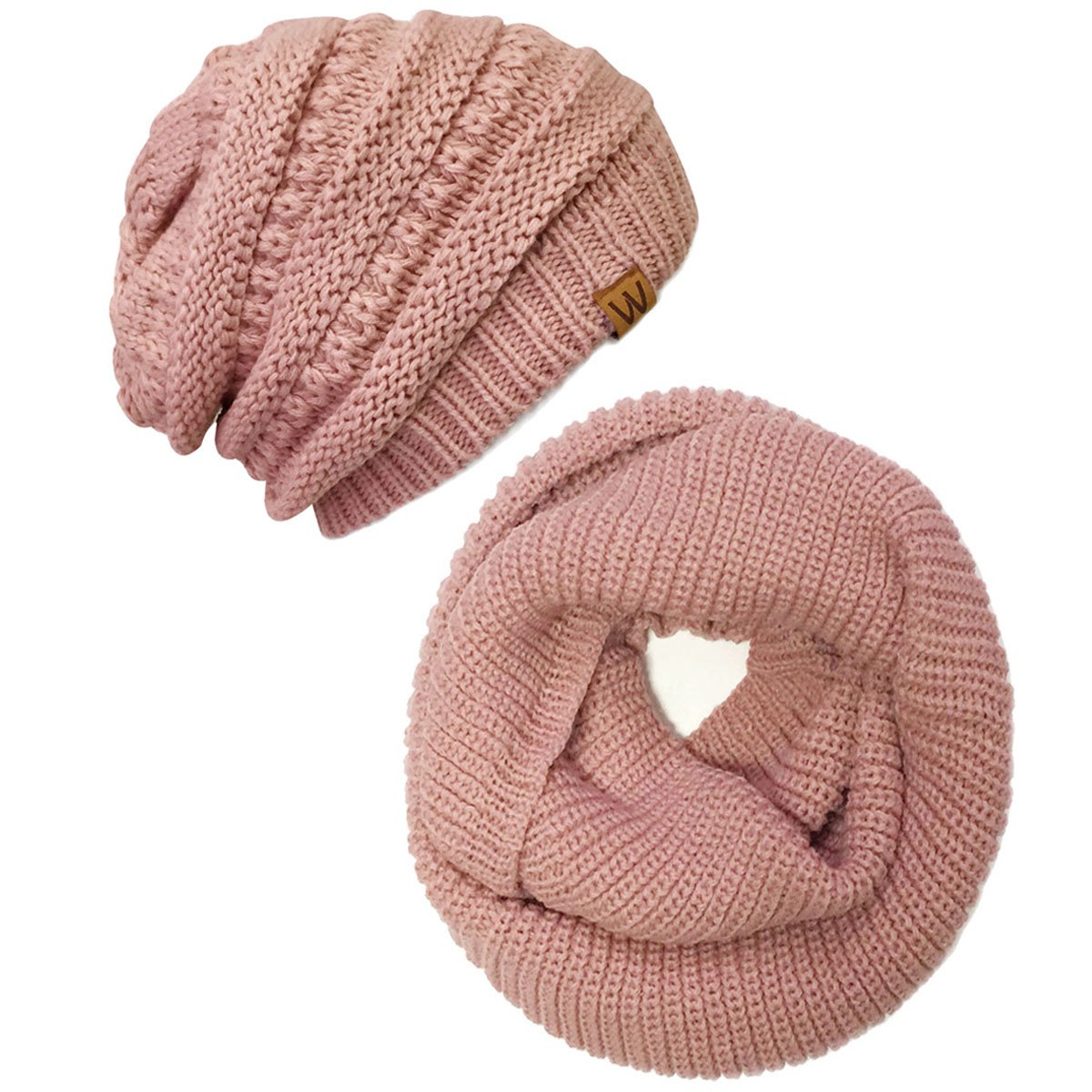 Two-piece winter warm-up knitted infinity scarf and brimless hat