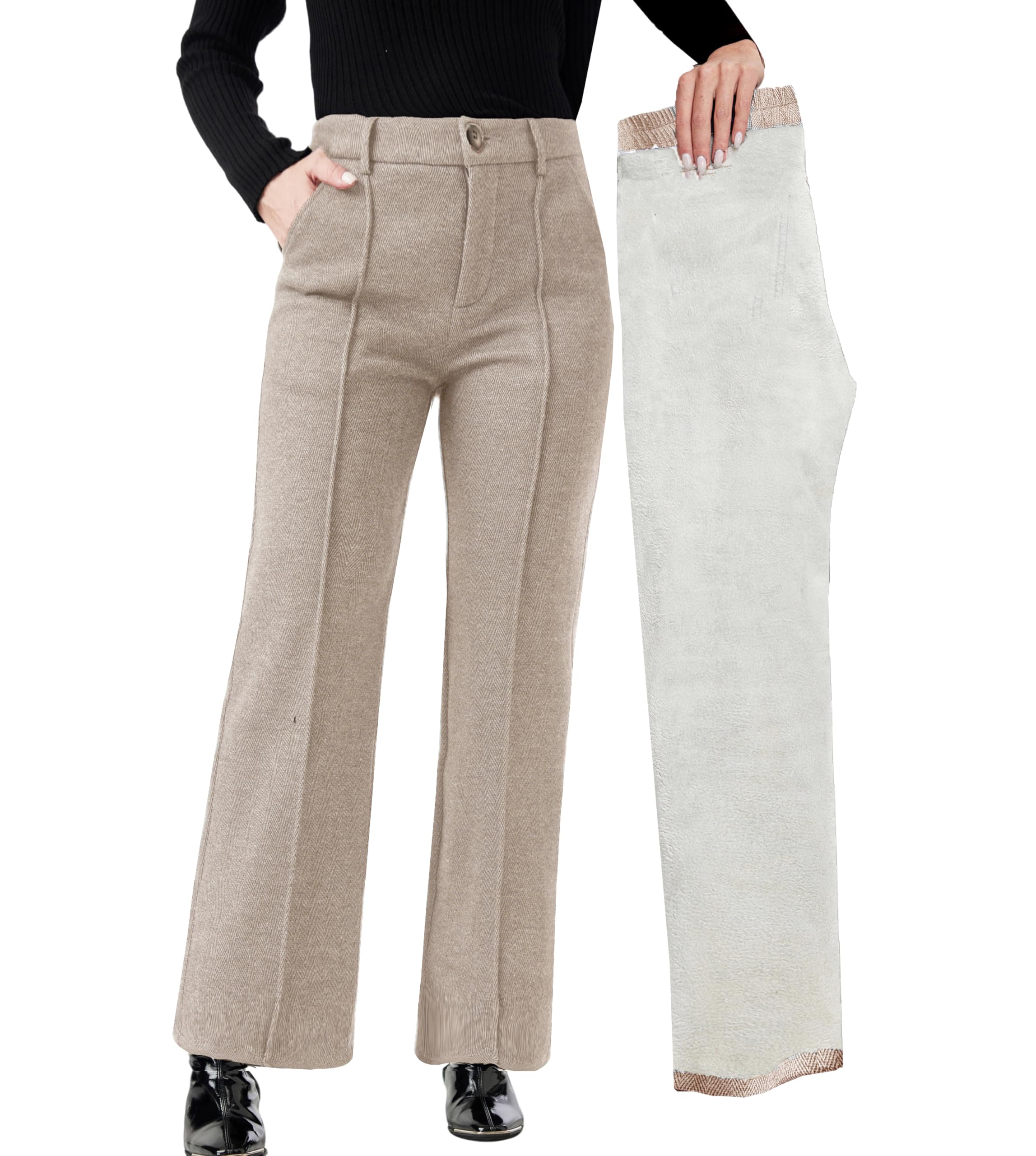 Womens Winter Thermal Wool Blend Tweed Wide Leg Trousers Fleece Lined Business Casual Pants