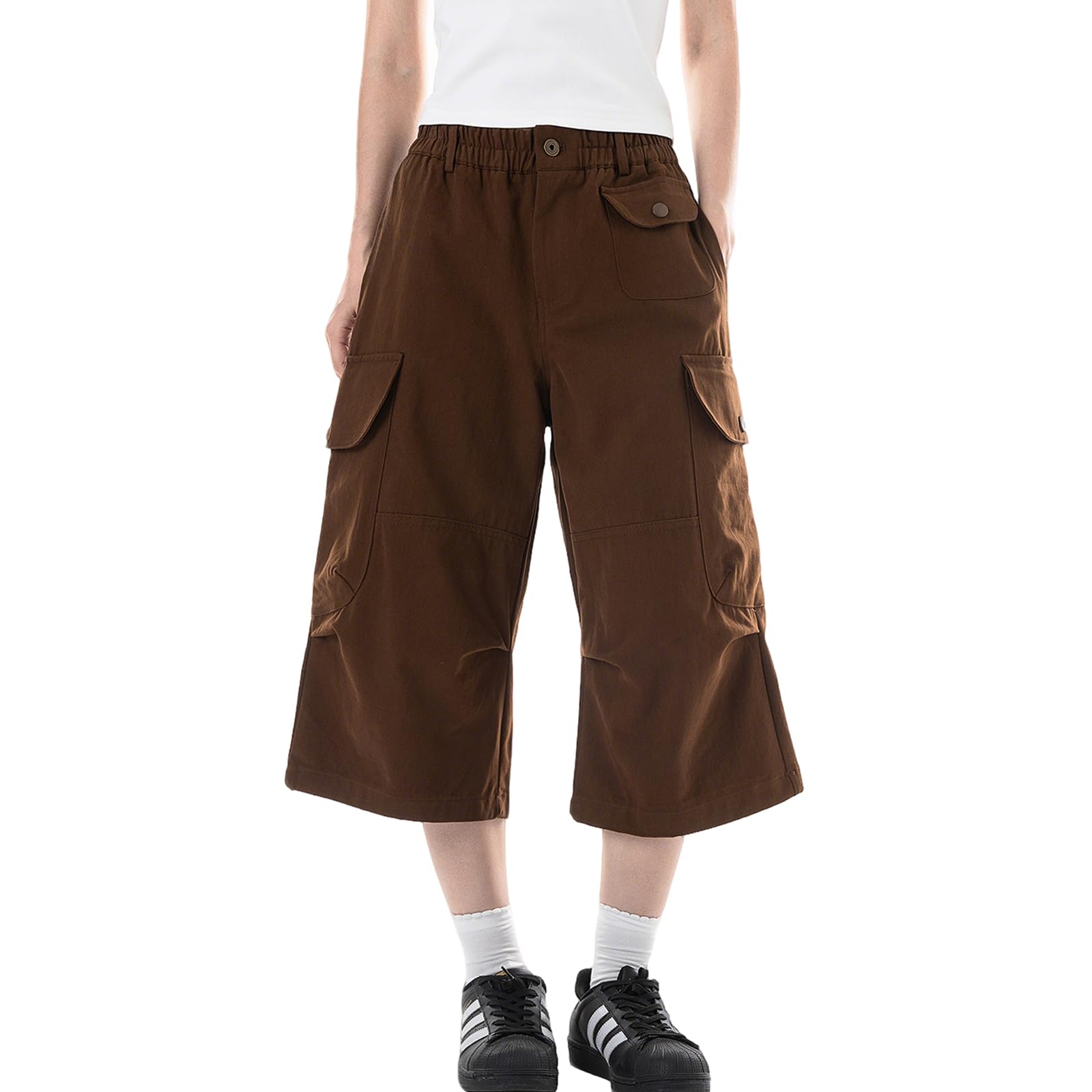 Baggy Cargo Pants for Women Casual Summer High Waisted Wide Leg Cropped Pants Capri Shorts with Pockets