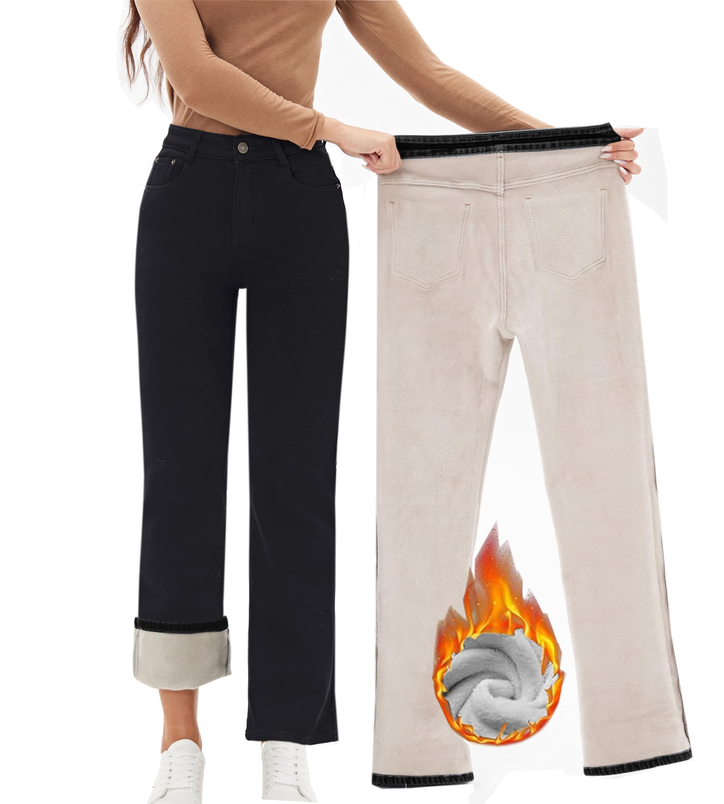 Women's Fleece Lined Jeans Straight Leg Wide Jeans Winter Sherpa Flannel Lined Thermal Denim Pants